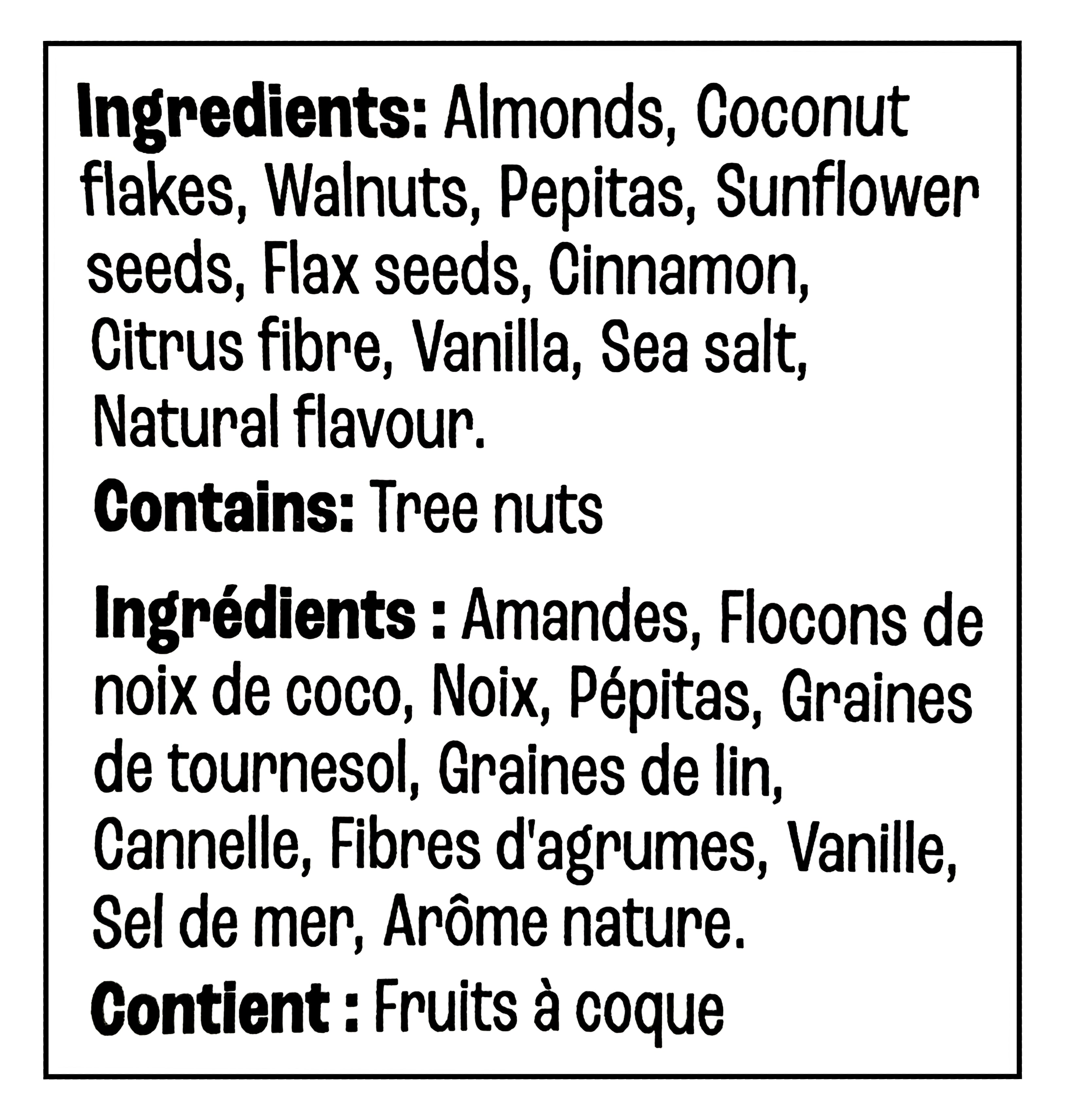 List of ingredients for Farm Girl Cinnamon Maple Granola, 300g/10.58 oz on a white background on a white background