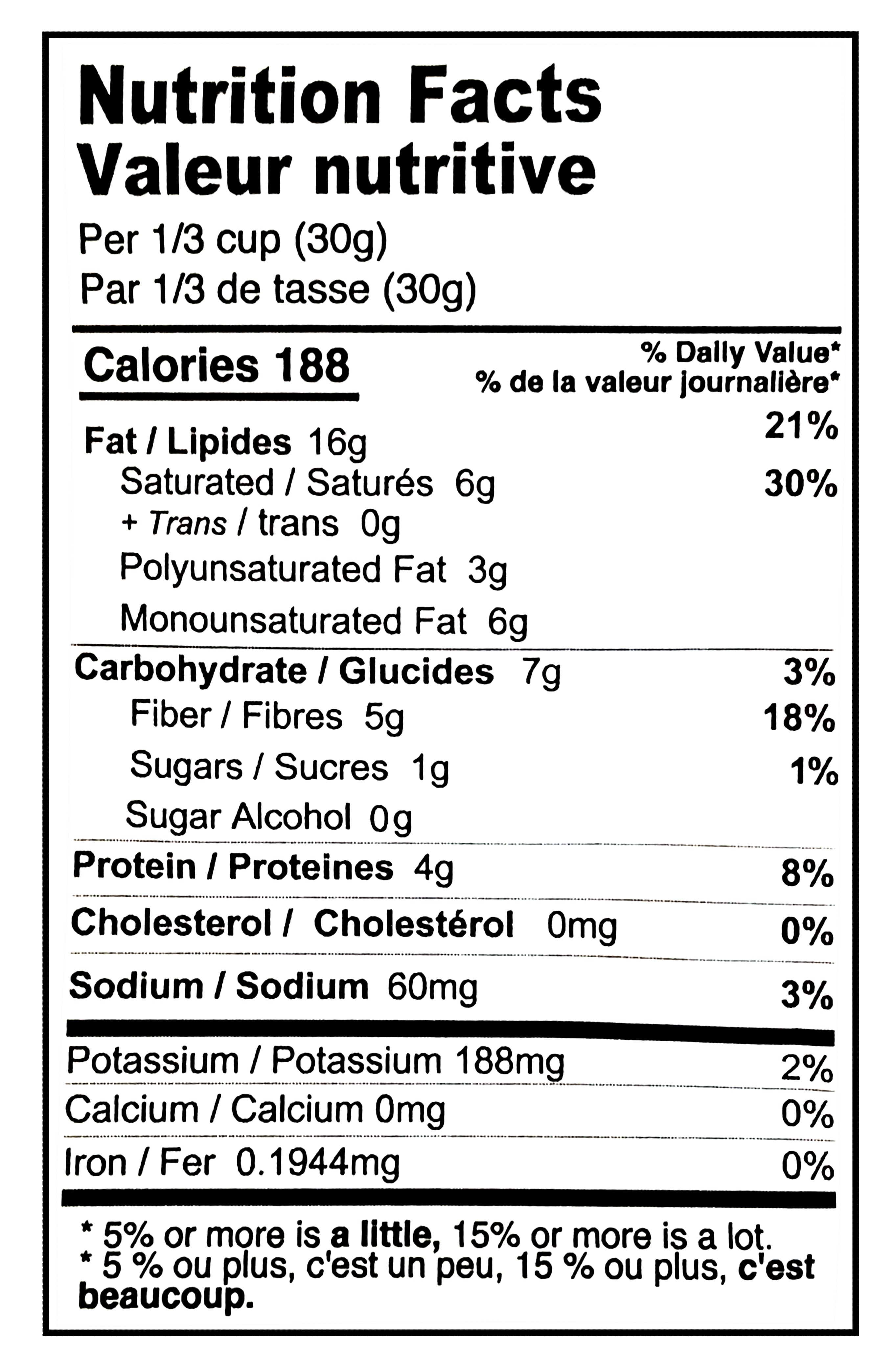 Nutrition facts label for Farm Girl Cinnamon Maple Granola, 300g/10.58 oz on a white background