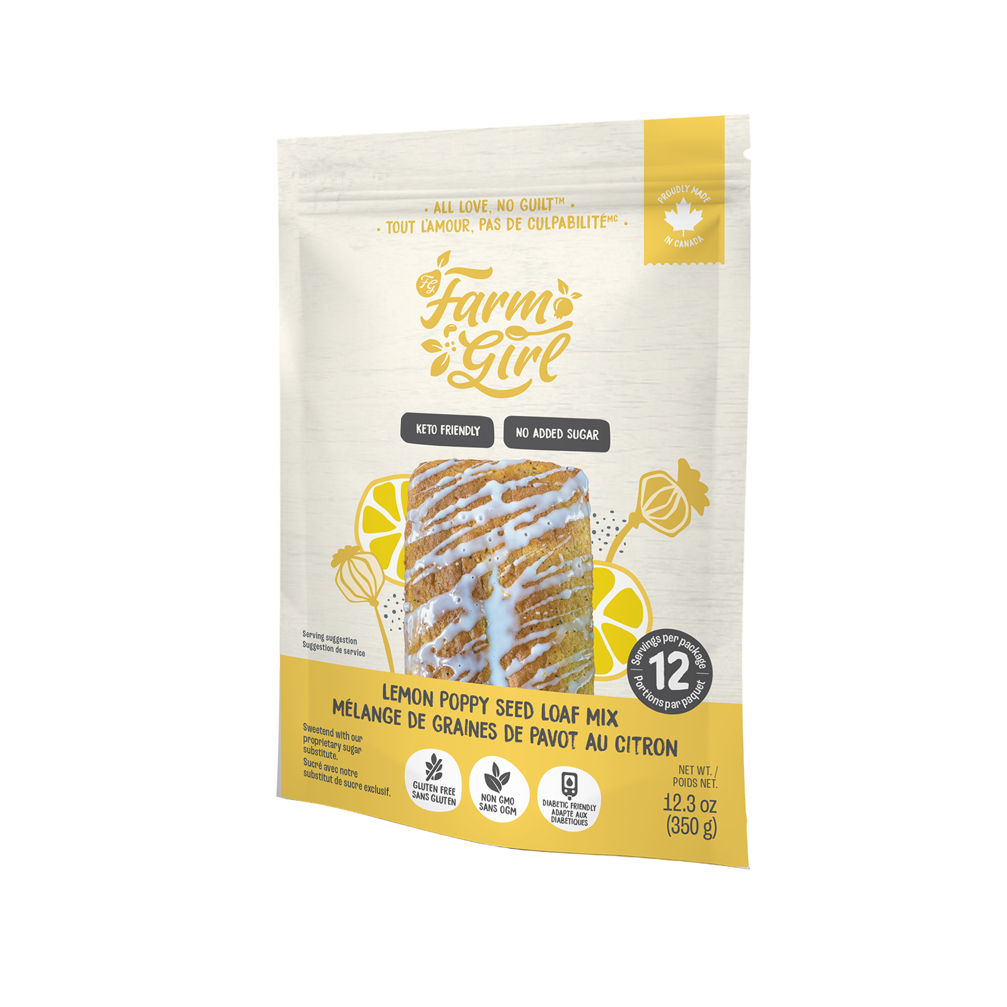 Front of Farm Girl Lemon Poppy Seed Loaf Mix, 350g/12.34 oz on a white background