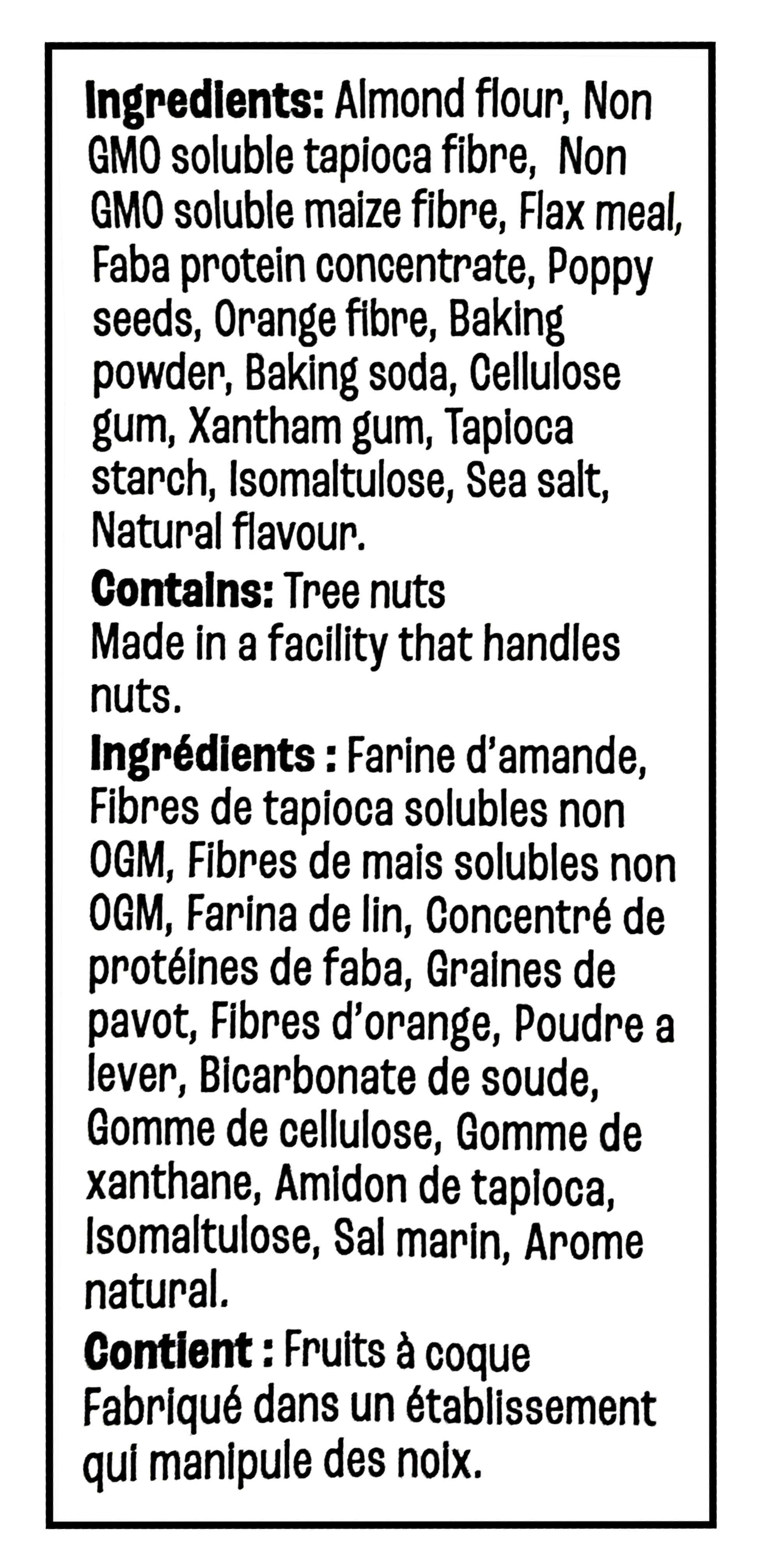 Front of Farm Girl Lemon Poppy Seed Loaf Mix, 350g/12.34 oz on a yellow background - List of ingredients with allergen warning on a white background