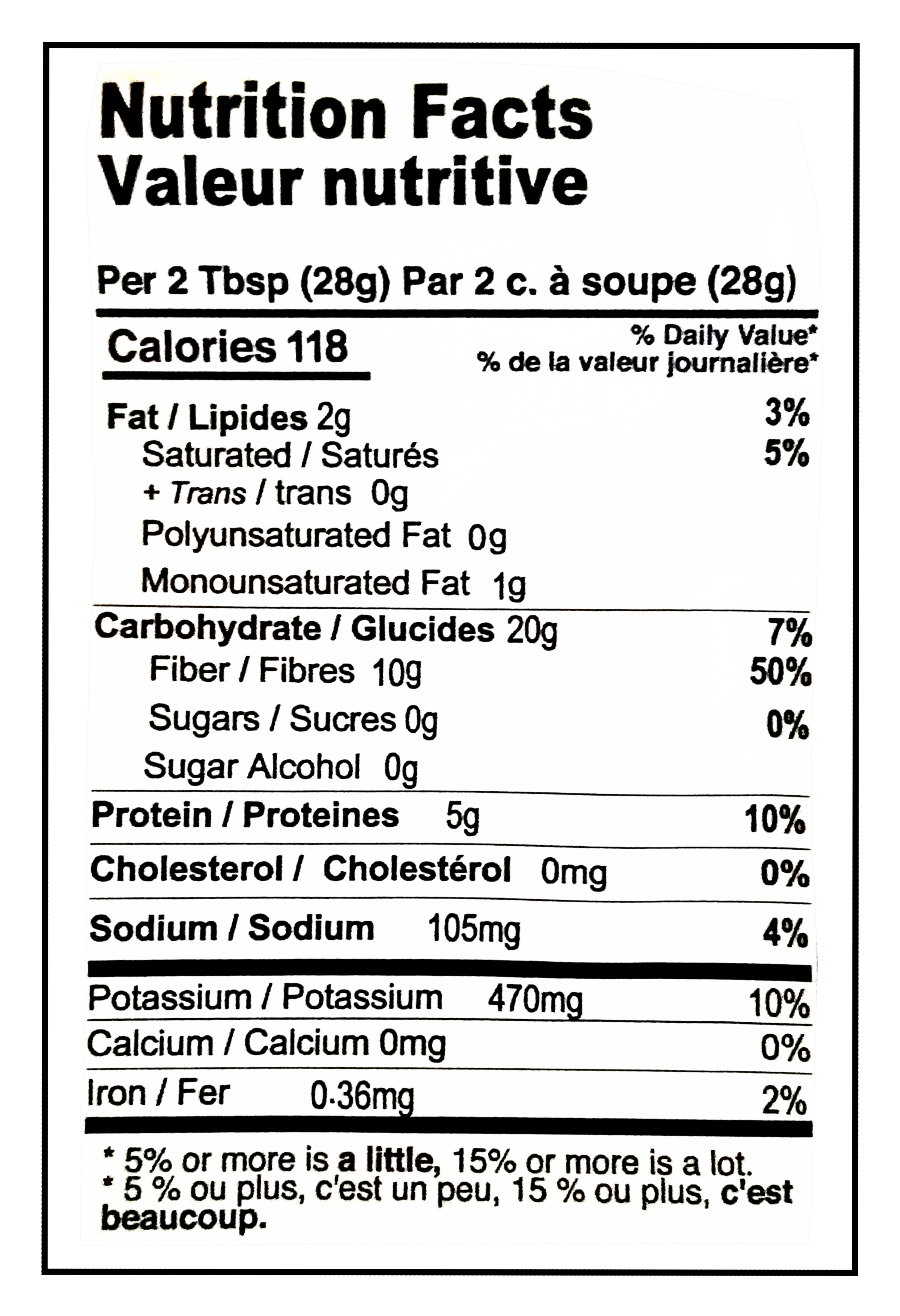 Nutrition facts label for Farm Girl Lemon Poppy Seed Loaf Mix, 350g/12.34 oz on a yellow background, showing calories, fat content, carbohydrates, and other nutritional information.