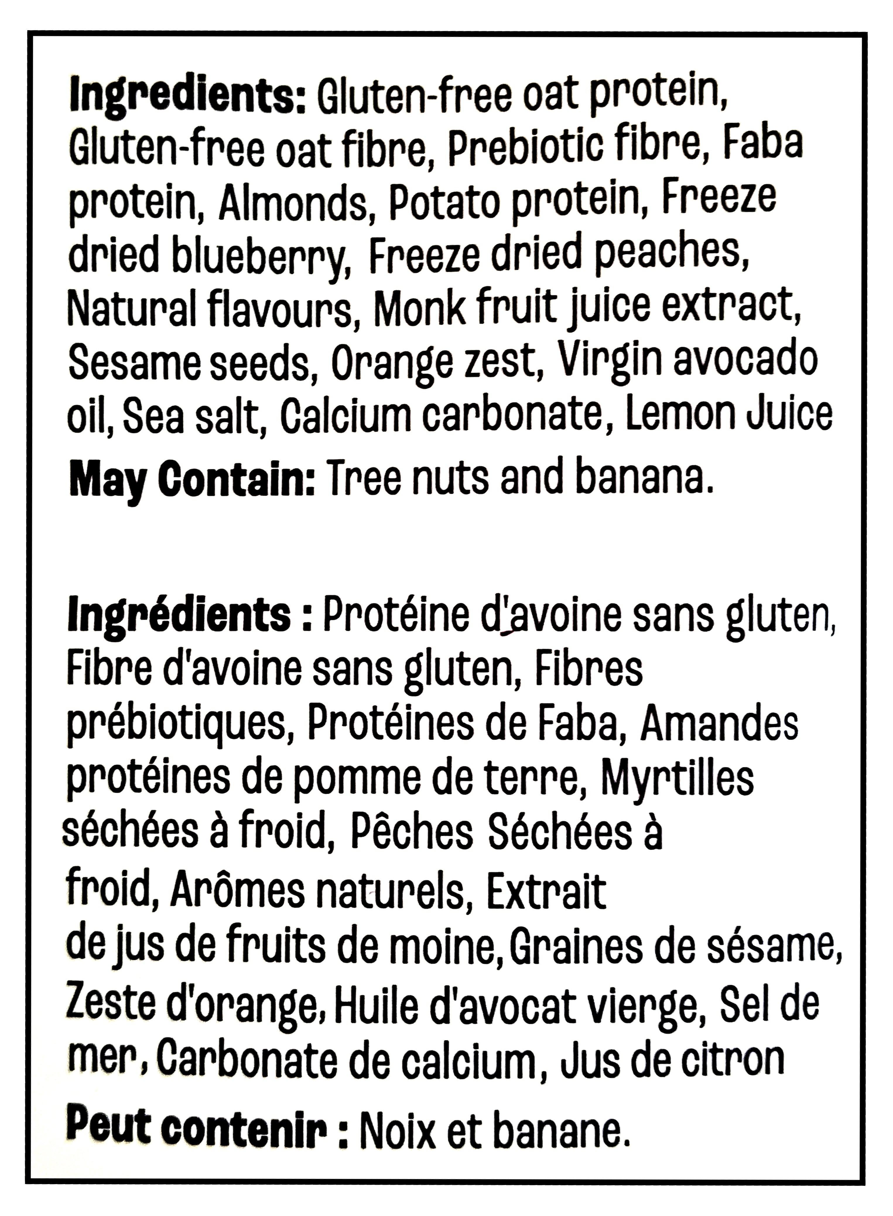 Ingredients list for Farm Girl Peachy Blueberry Snaps Cereal, 280g/9.8 oz