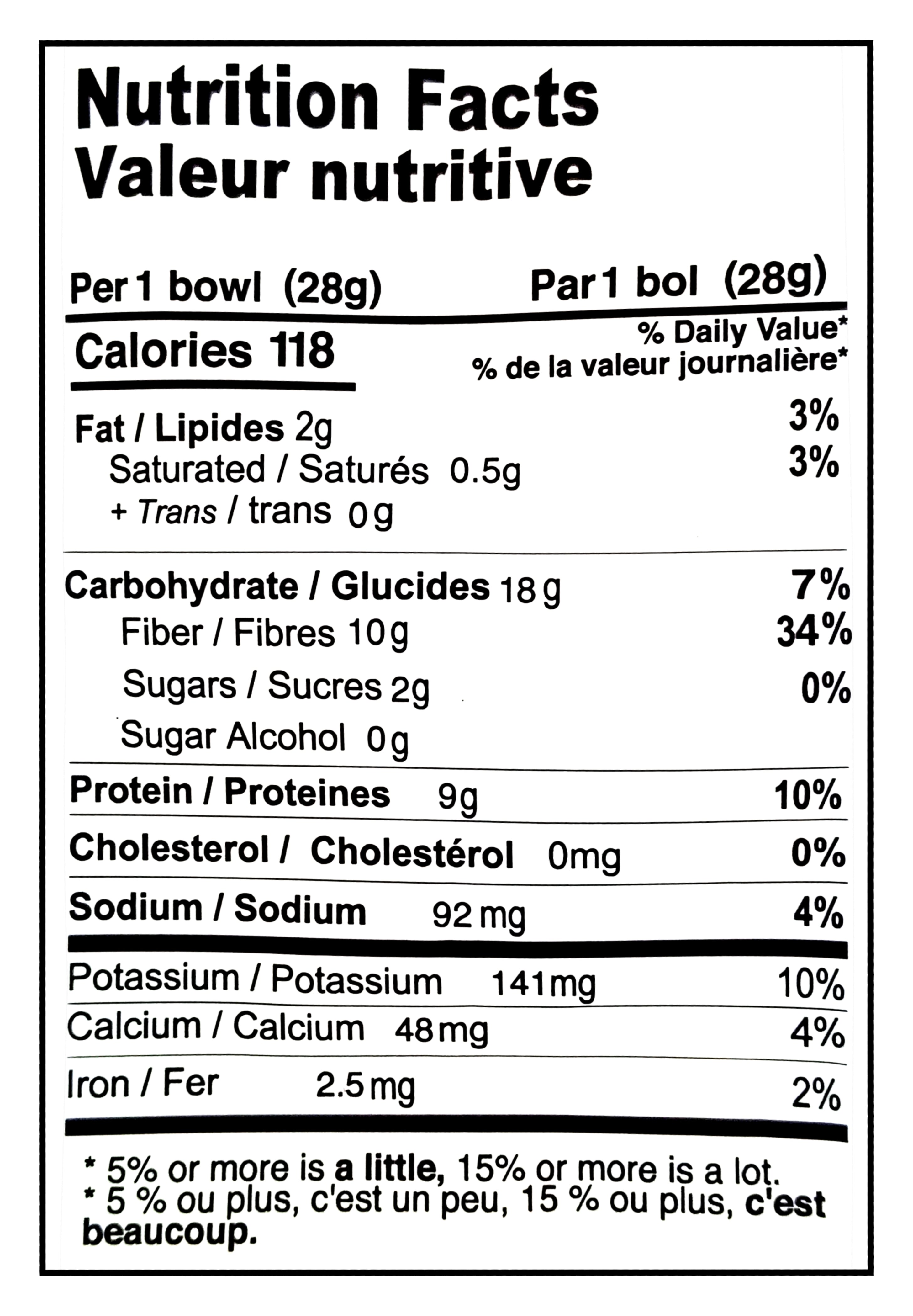 Nutrition facts label for Farm Girl Peachy Blueberry Snaps Cereal, 280g/9.8 oz