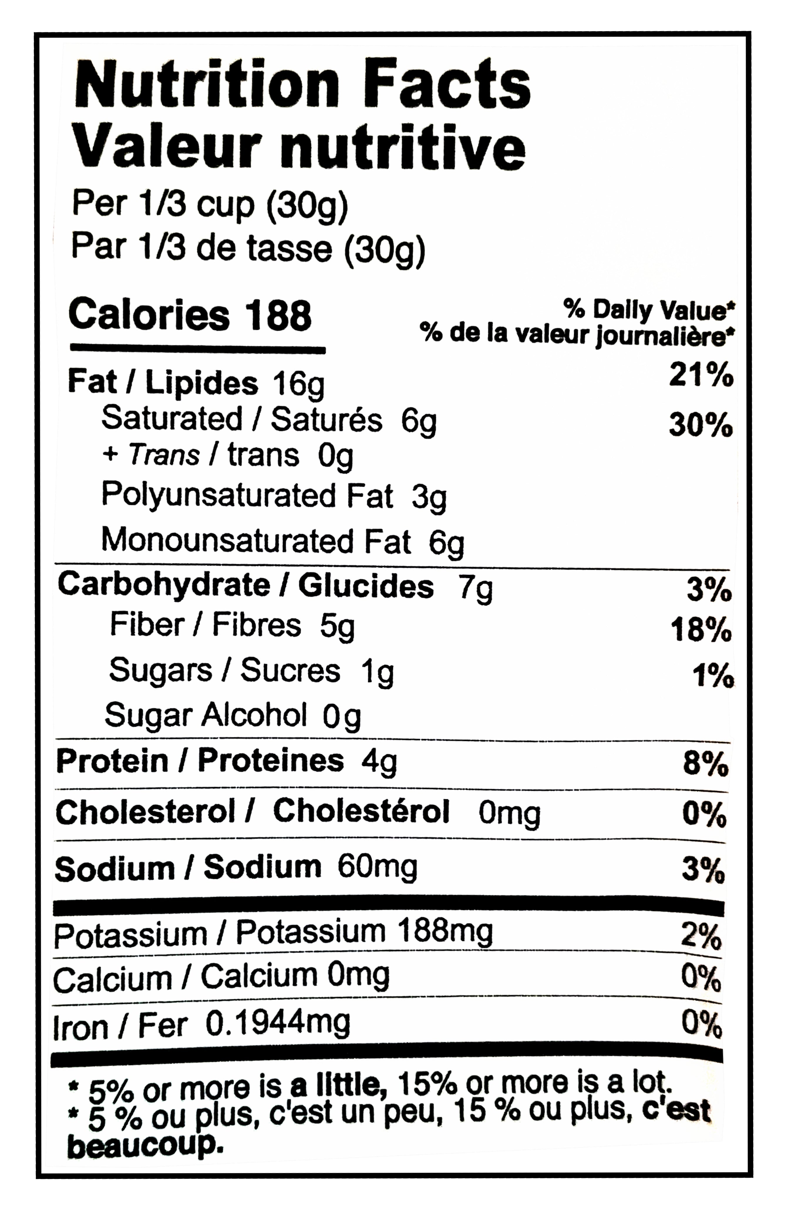 Nutrition facts label for Farm Girl Salted Caramel Granola, 300g/10.58 oz on a white background
