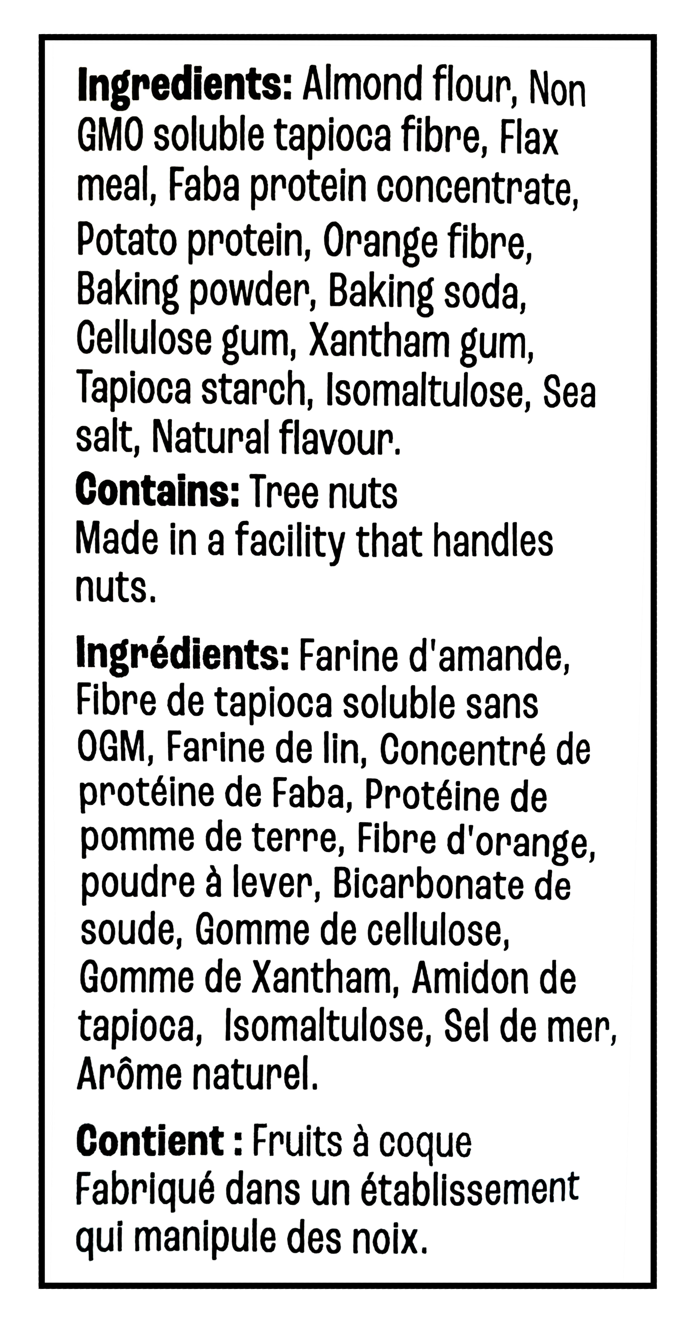 List of ingredients and allergen information label for Farm Girl Vanilla Pancake & Waffle Mix, 300g/10.58 oz