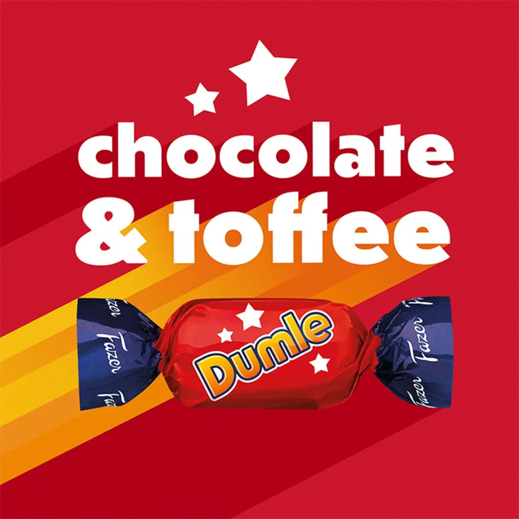 Dumle candy wrapper with 'chocolate & toffee' text on a red background