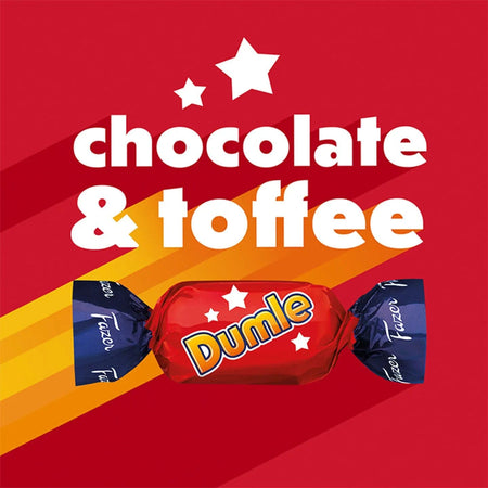 Dumle candy wrapper with 'chocolate & toffee' text on a red background