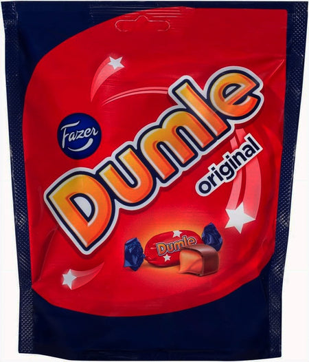 Fazer Dumle Original Soft Toffee Candy Enrobed In Milk Chocolate, 270g/9.5 oz red package with Fazer logo