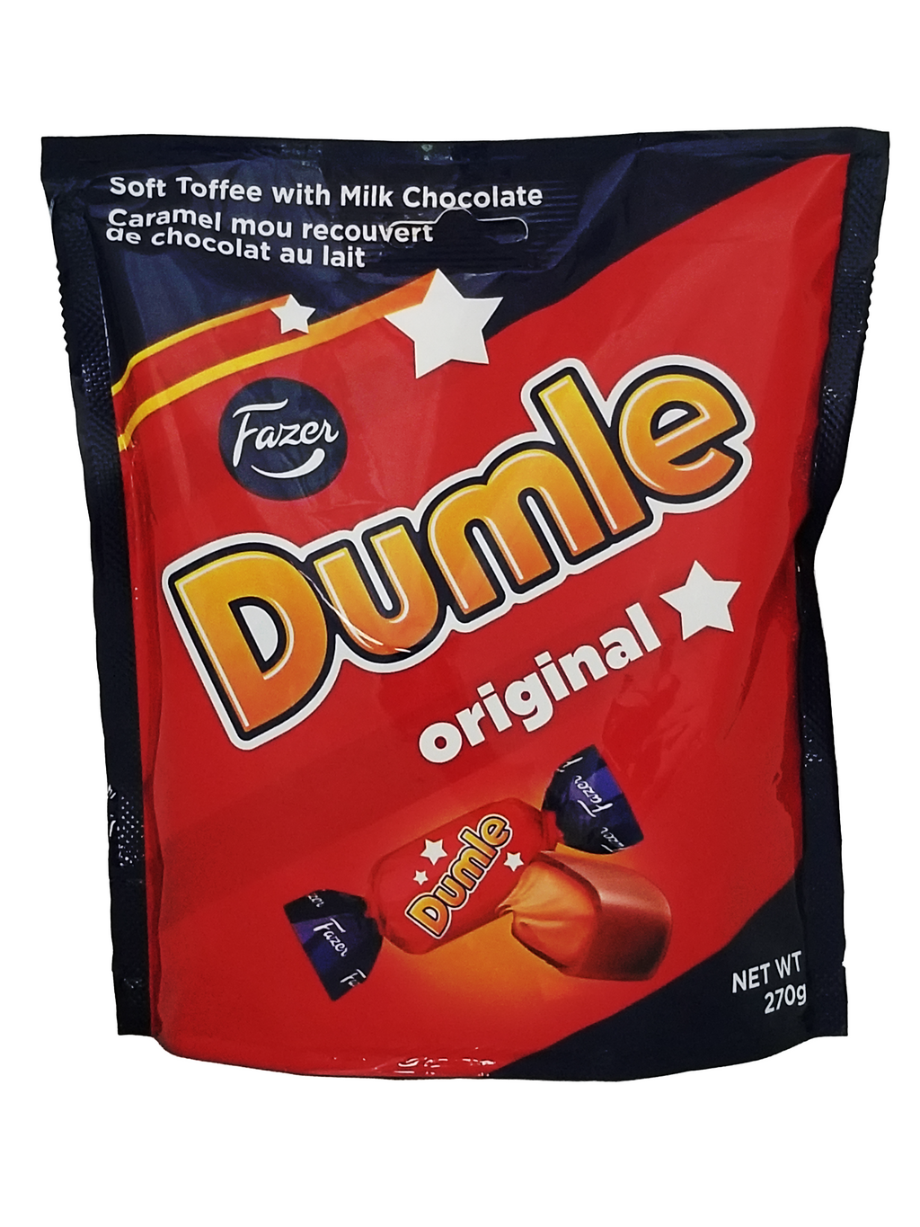 Red and blue packaging of Fazer Dumle Original Soft Toffee Candy Enrobed In Milk Chocolate, 270g/9.5 oz on a white background