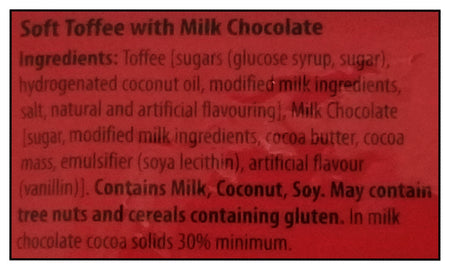 Ingredients list for Fazer Dumle Original Soft Toffee Candy Enrobed In Milk Chocolate, 270g/9.5 oz on a red background