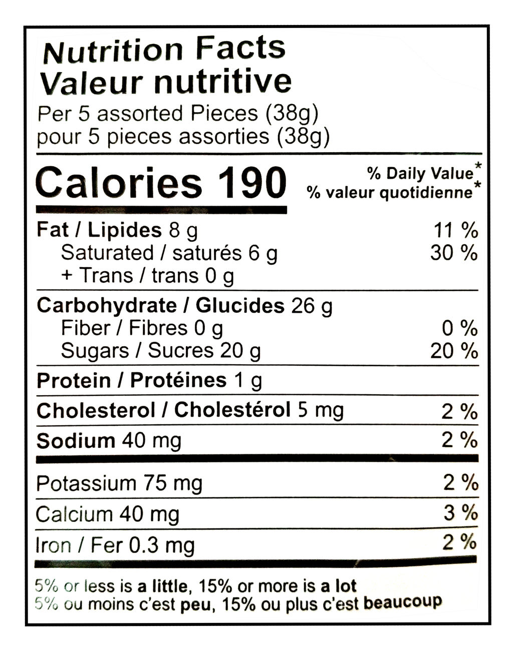 Nutrition facts label for Fazer Dumle Original Soft Toffee Candy Enrobed In Milk Chocolate, 270g/9.5 oz with specific calorie count and nutritional content.