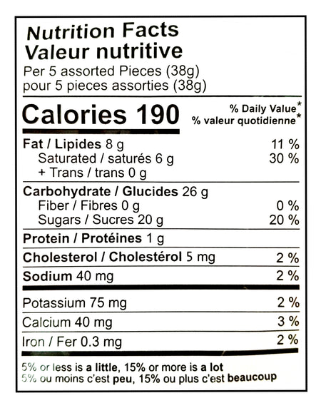 Nutrition facts label for Fazer Dumle Original Soft Toffee Candy Enrobed In Milk Chocolate, 270g/9.5 oz with specific calorie count and nutritional content.