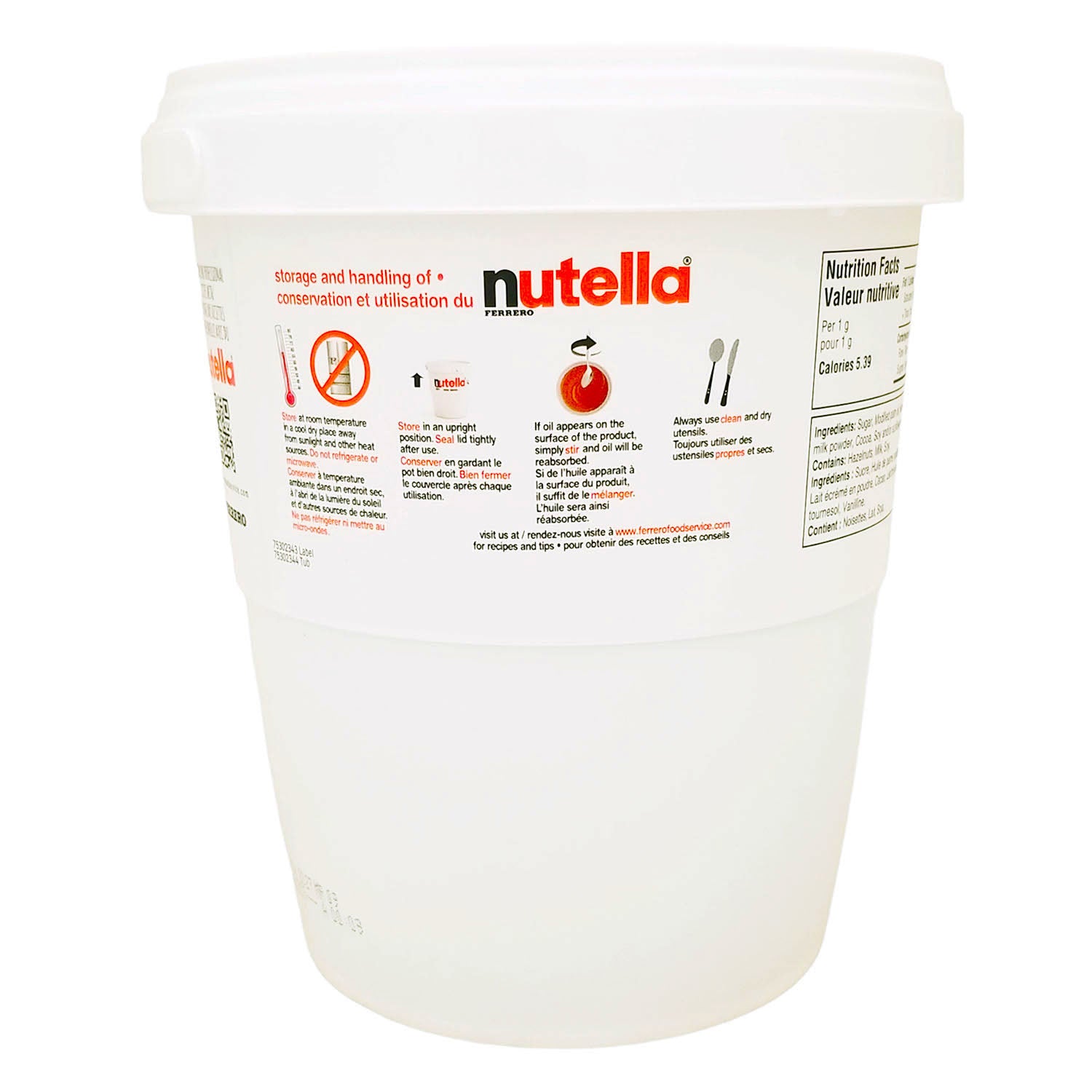 Nutella food service 3 kg tub back label — kosher certified, gluten-free

