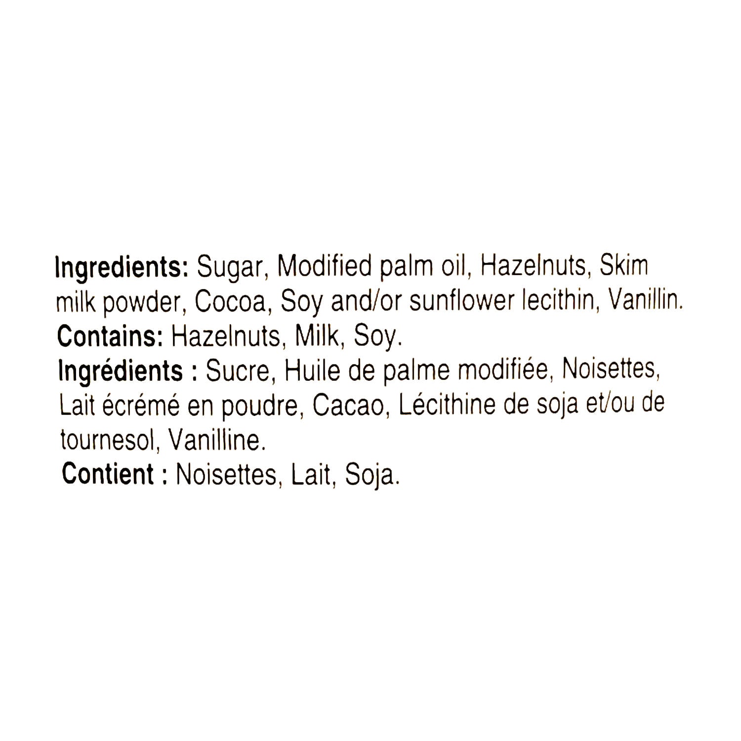 Nutella food service 3 kg ingredients label — hazelnuts, cocoa, gluten-free