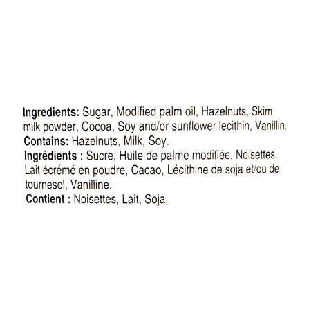 Nutella food service 3 kg ingredients label — hazelnuts, cocoa, gluten-free