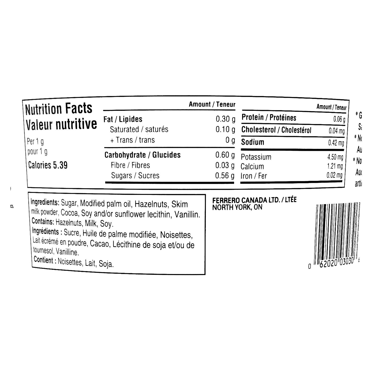 Nutella 3 kg food service tub nutrition facts and ingredients panel