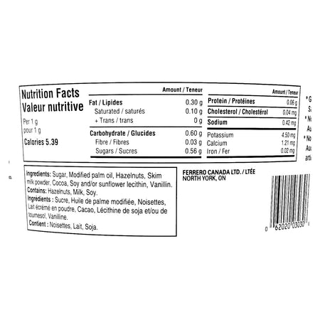 Nutella 3 kg food service tub nutrition facts and ingredients panel