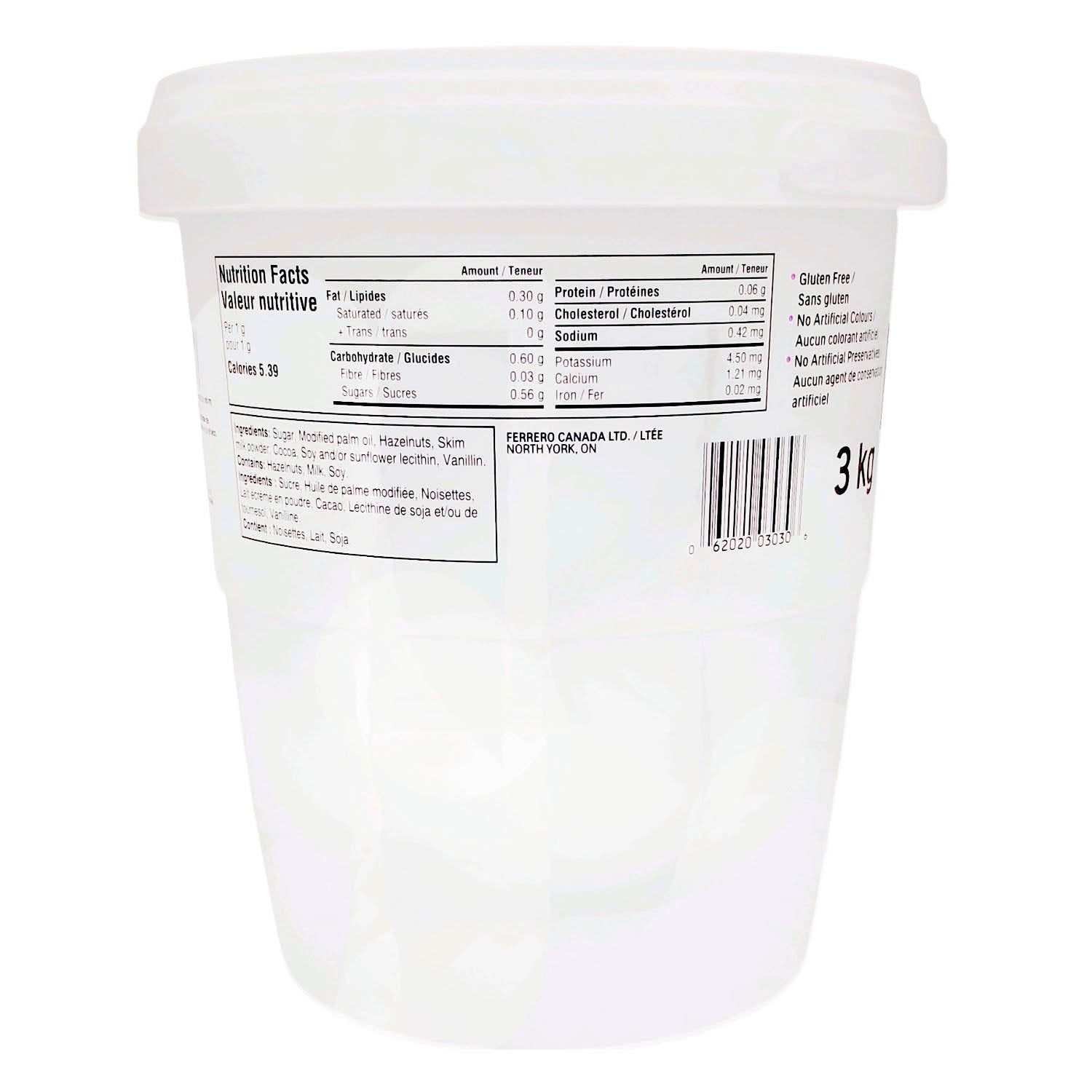 Nutella 3 kg food service bulk tub, side view