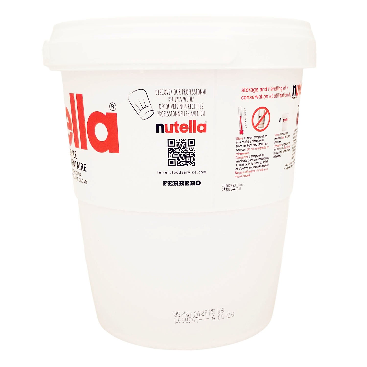 Nutella 3 kg bulk hazelnut spread food service tub, side view 2