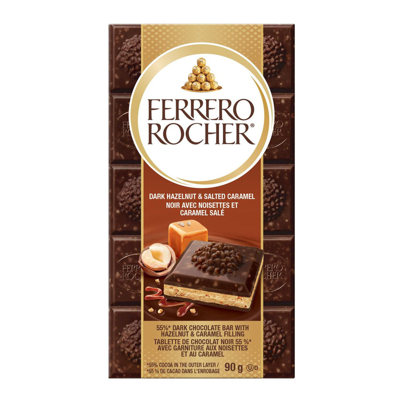 Ferrero Rocher Premium Dark Chocolate Hazelnut & Salted Caramel Bar, 90g/3.15 oz. Bar