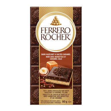 Ferrero Rocher Premium Dark Chocolate Hazelnut & Salted Caramel Bar, 90g/3.15 oz. Bar Front