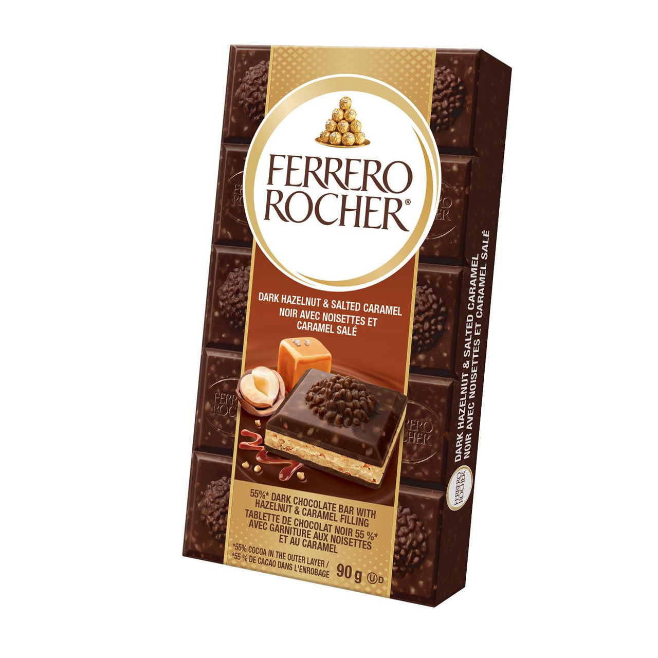 Ferrero Rocher Premium Dark Chocolate Hazelnut & Salted Caramel Bar, 90g/3.15 oz. Box Standing