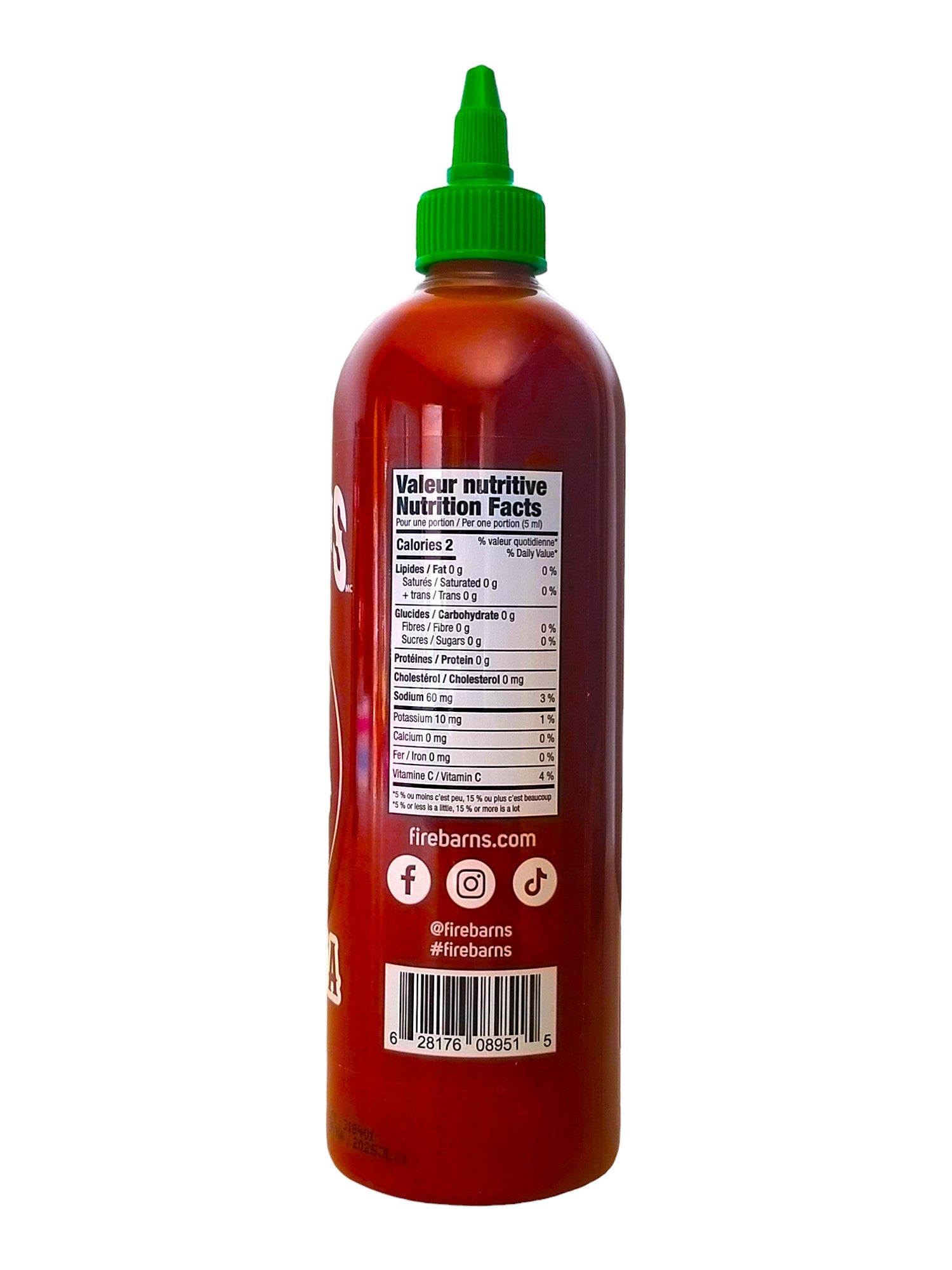Firebarns Sriracha Sauce, 500ml, back of bottle.