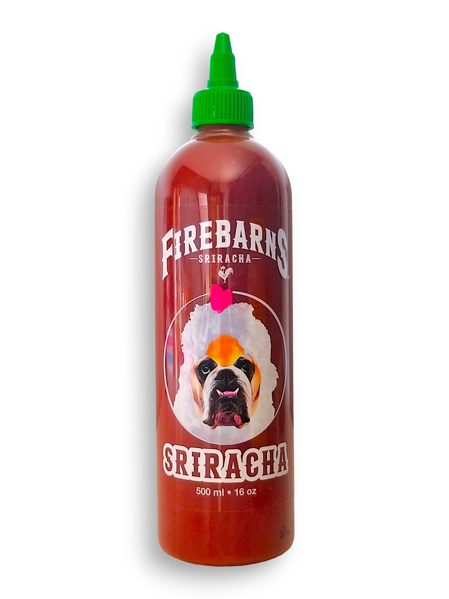 Firebarns Sriracha Sauce, 500ml, front of bottle.