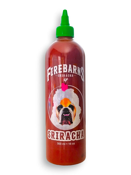 Firebarns Sriracha Sauce, 500ml, front of bottle.