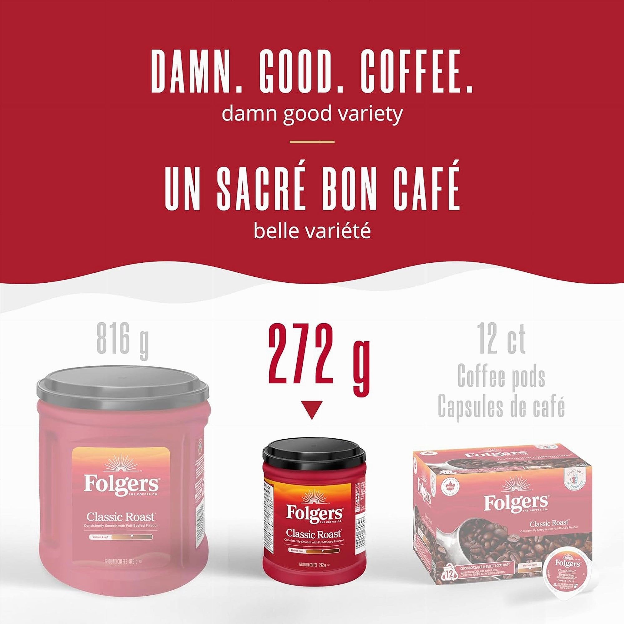 Folgers Classic Roast Ground Coffee – 272 g (9.6 oz) - Container Sizes
