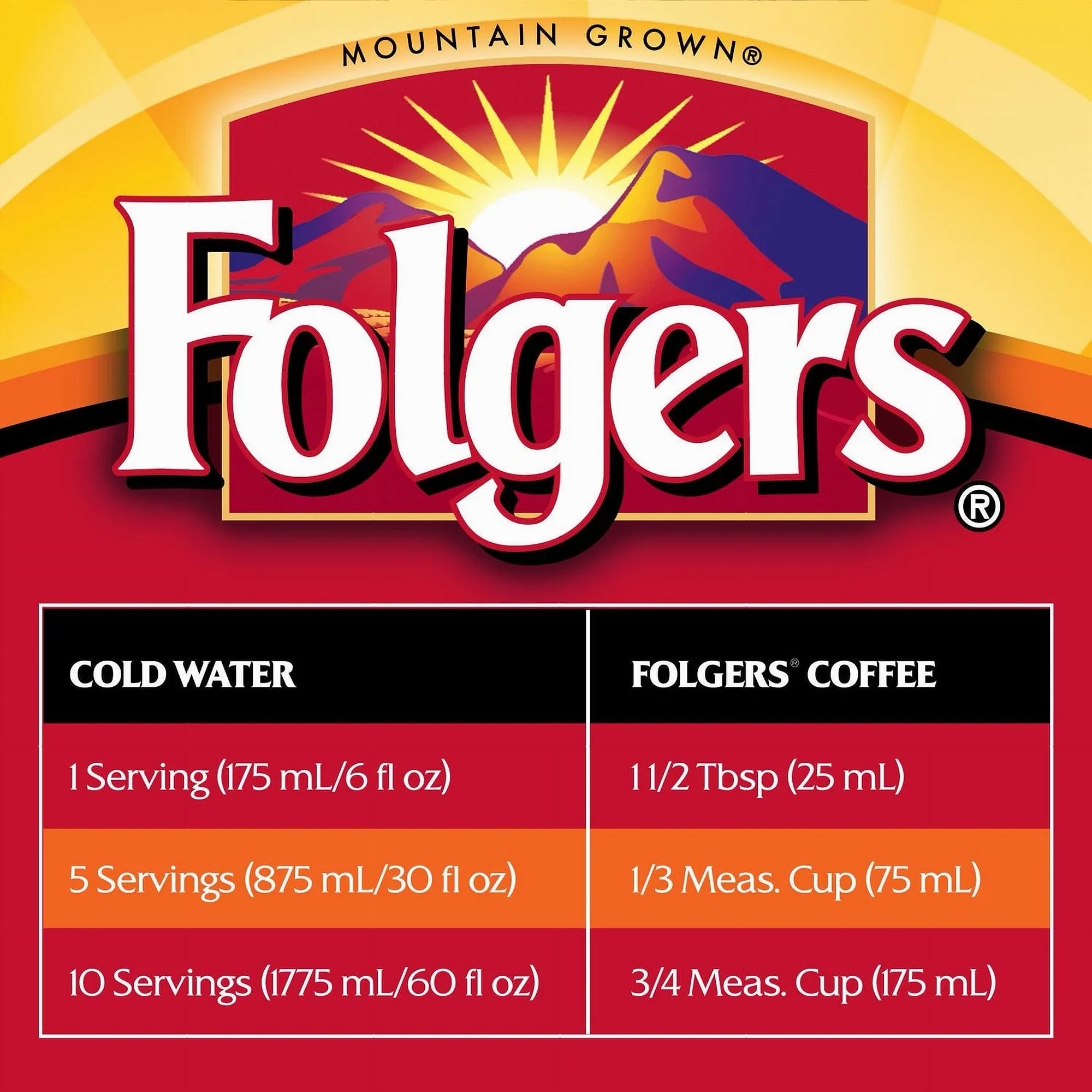 Folgers Classic Roast Ground Coffee – 272 g (9.6 oz) -  Measurement chart 