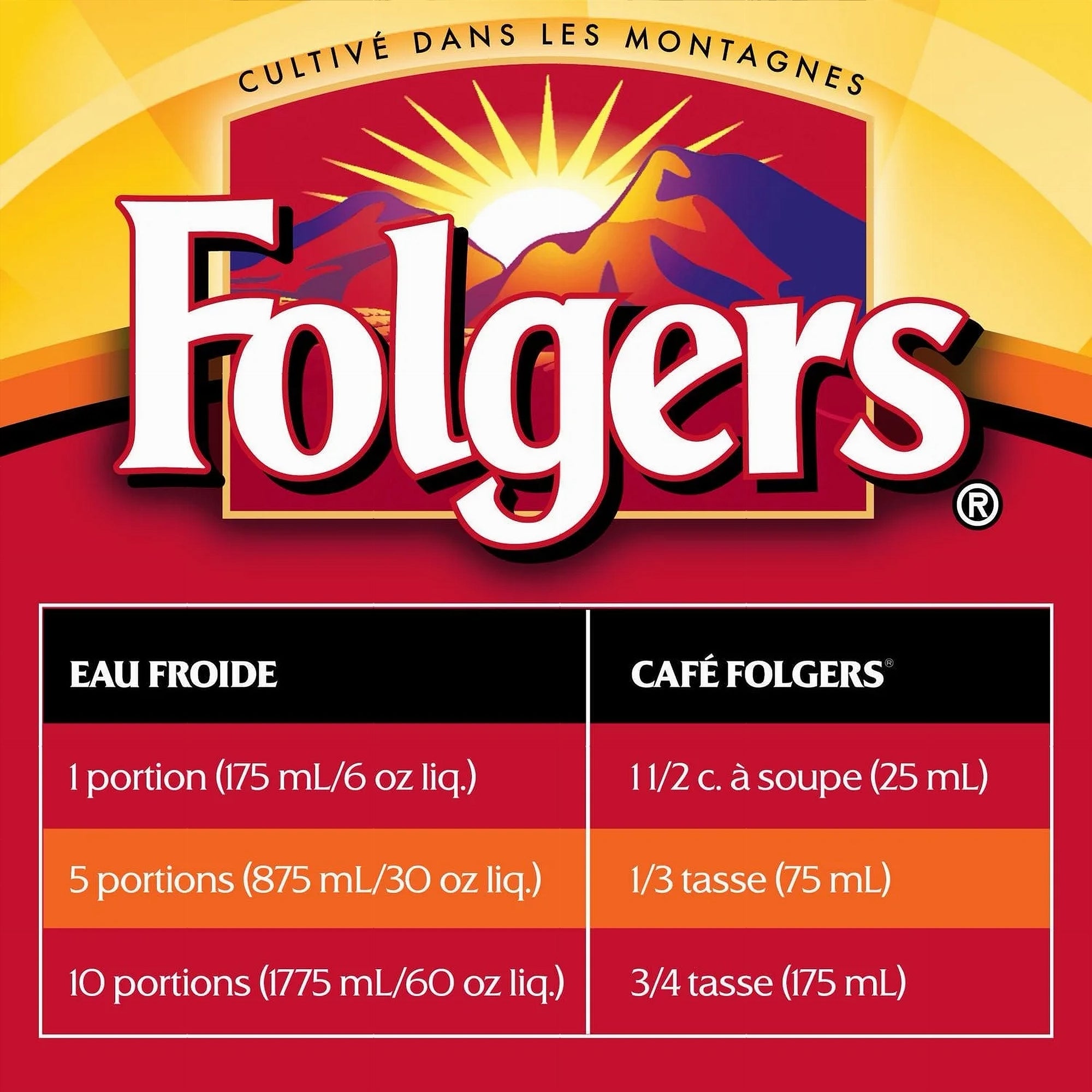 Folgers Classic Roast Ground Coffee – 272 g (9.6 oz) -  Measurement chart French