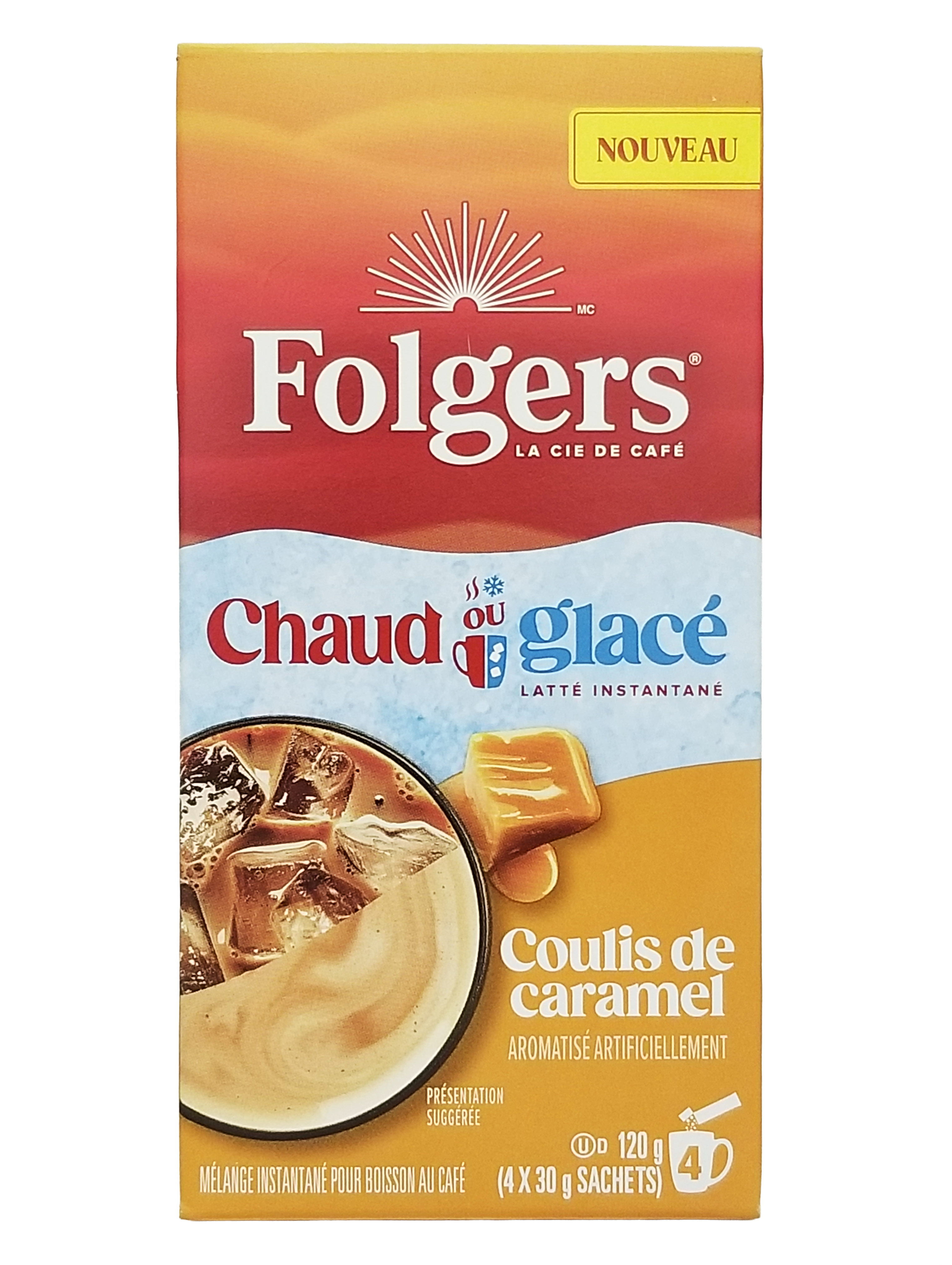 Back of Folgers Hot Or Cold Instant Latte, Caramel Drizzle Flavored, 4 Packets, 120g packaging with caramel sauce illustration