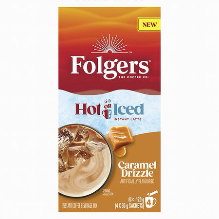 Folgers Hot Or Cold Instant Latte, Caramel Drizzle Flavored, 4 Packets, 120g packaging on a white background