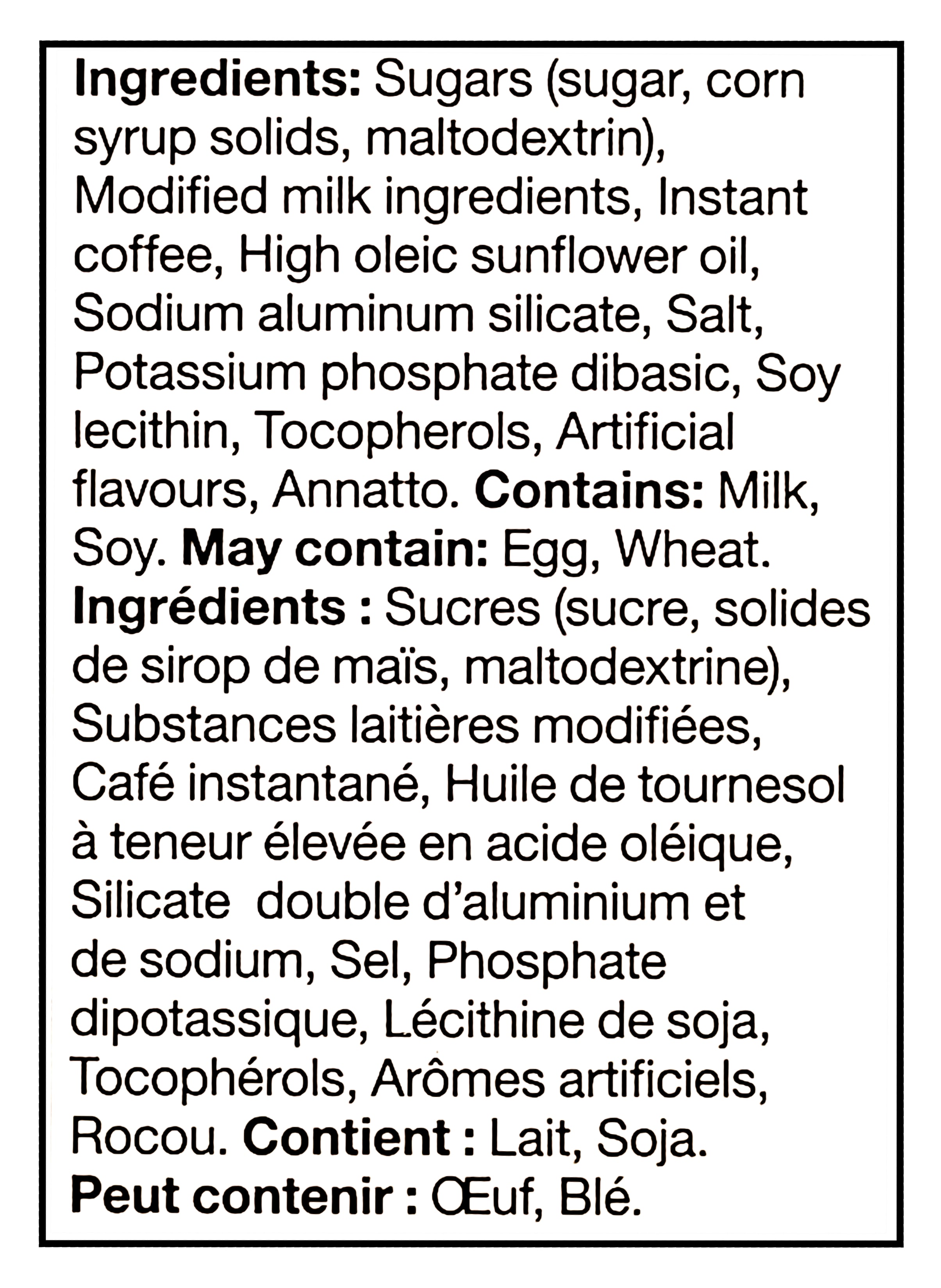 Ingredients list for Folgers Hot Or Cold Instant Latte, Caramel Drizzle Flavored, 4 Packets, 120g with allergen warnings on a black background