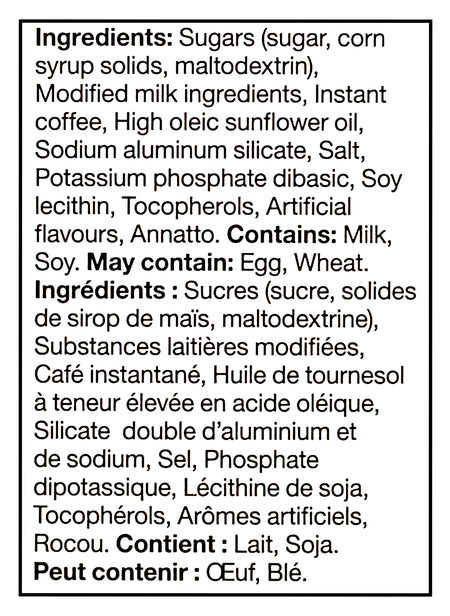 Ingredients list for Folgers Hot Or Cold Instant Latte, Caramel Drizzle Flavored, 4 Packets, 120g with allergen warnings on a black background