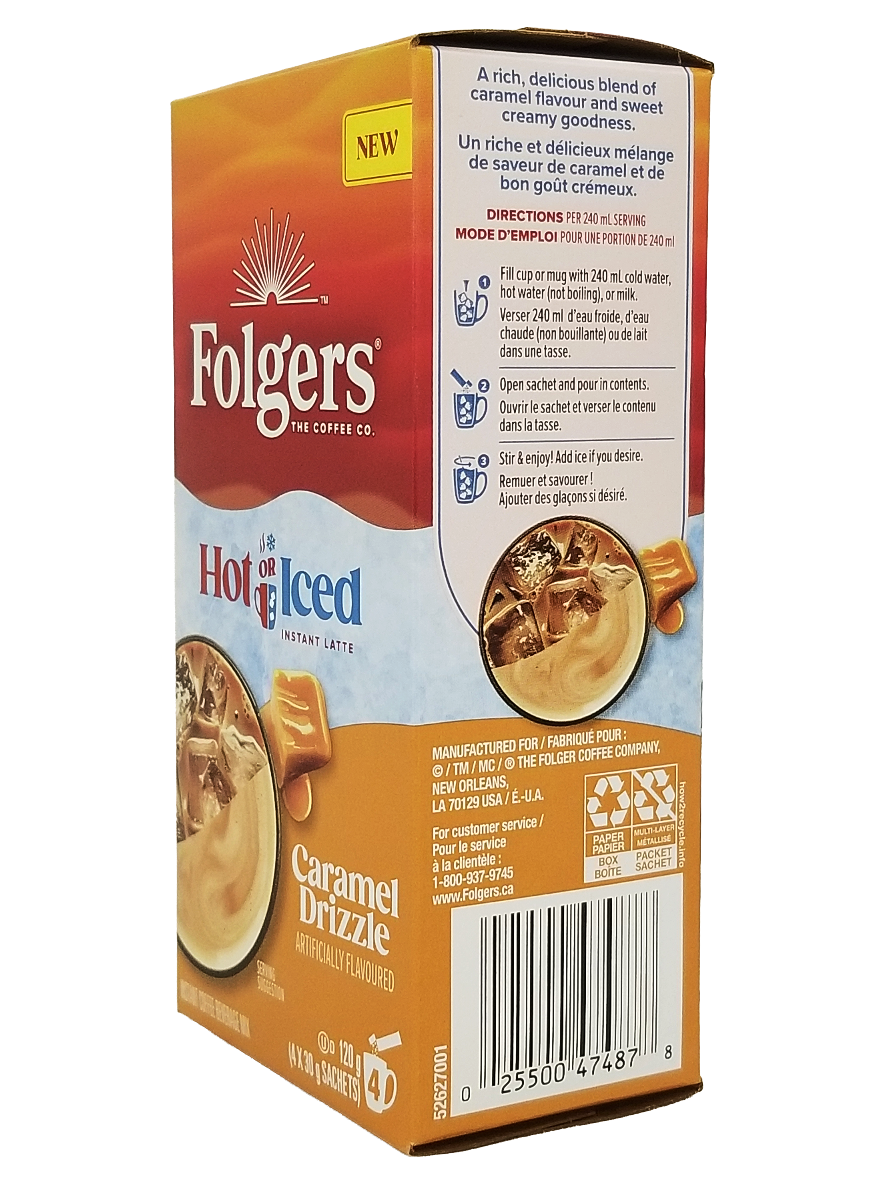 Angle of a Folgers Hot Or Cold Instant Latte, Caramel Drizzle Flavored, 4 Packets, 120g packaging on a white background