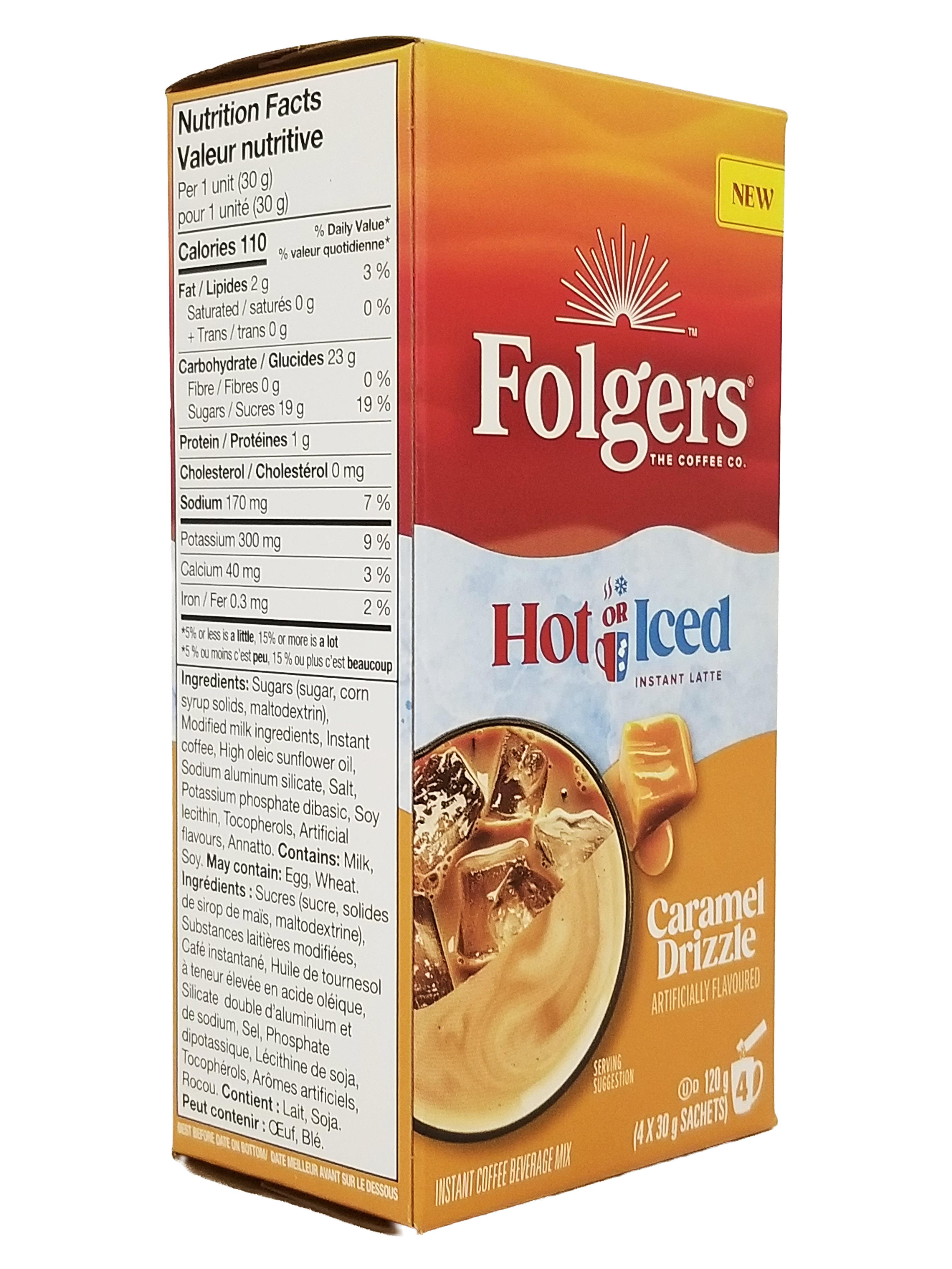 Box of Folgers Hot Or Cold Instant Latte, Caramel Drizzle Flavored, 4 Packets, 120g with nutritional information on a white background