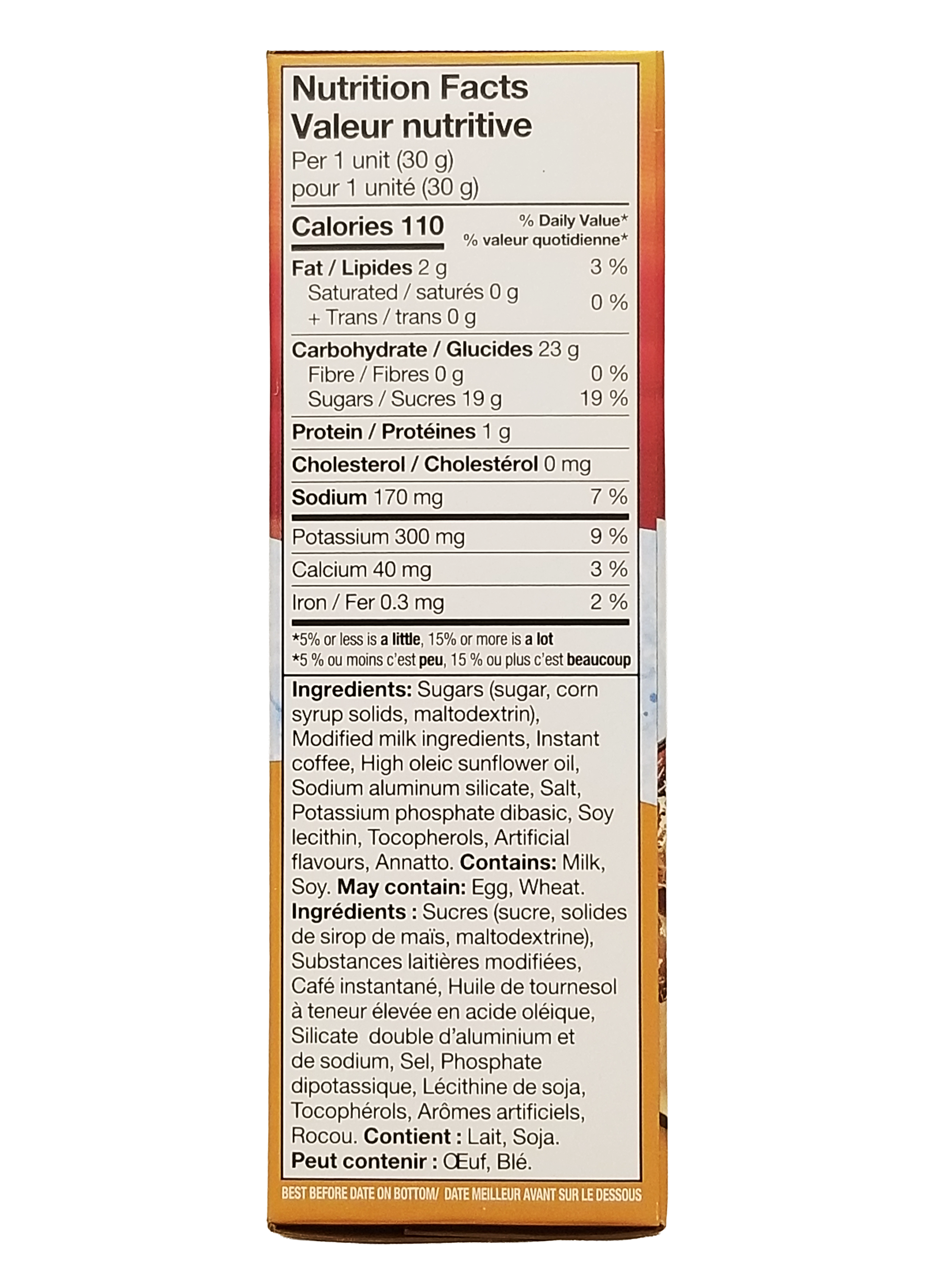 Nutrition facts label for Folgers Hot Or Cold Instant Latte, Caramel Drizzle Flavored, 4 Packets, 120g packaging with detailed information.