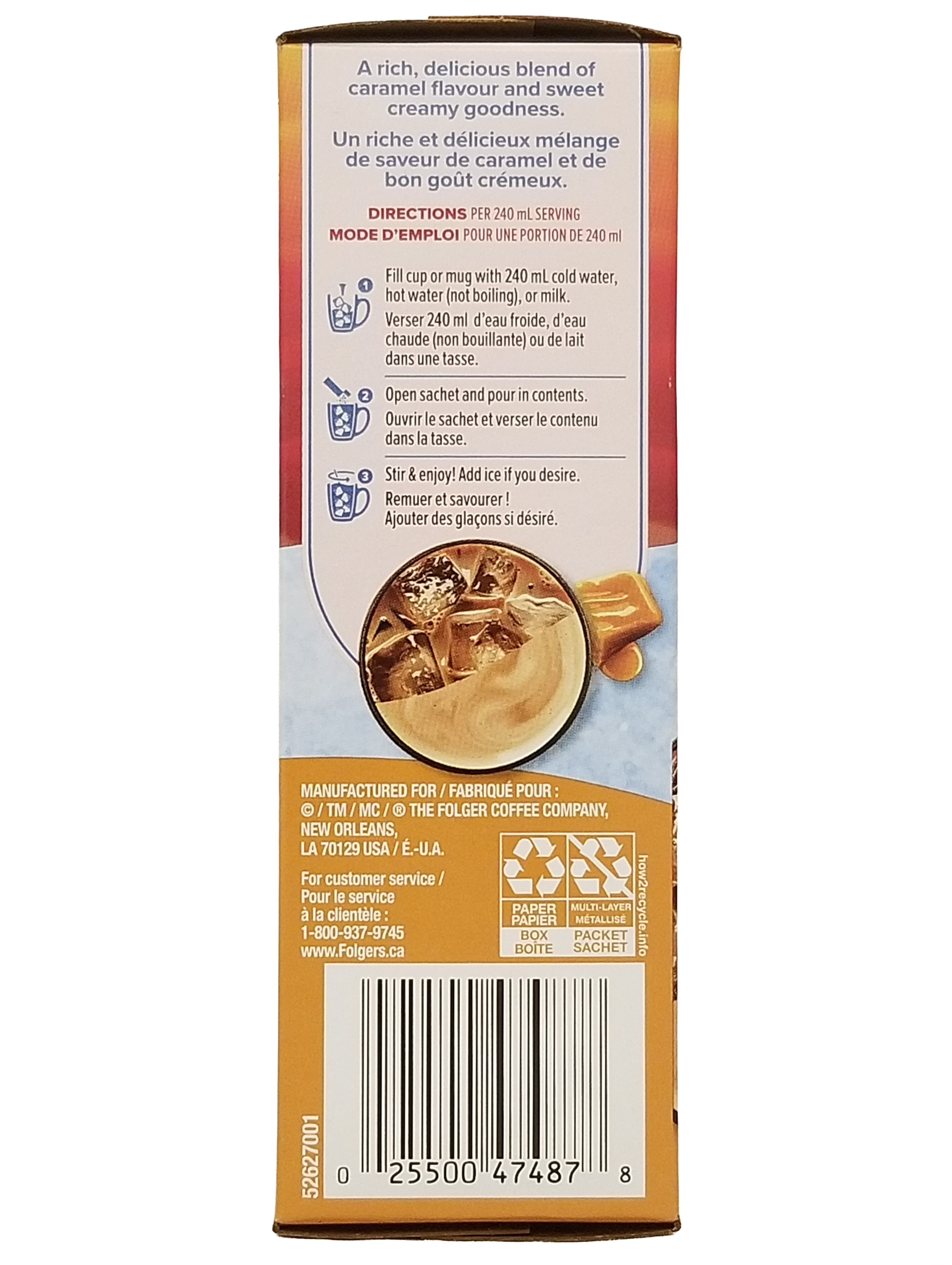 Side of Folgers Hot Or Cold Instant Latte, Caramel Drizzle Flavored, 4 Packets, 120g package with text and graphics on a white background
