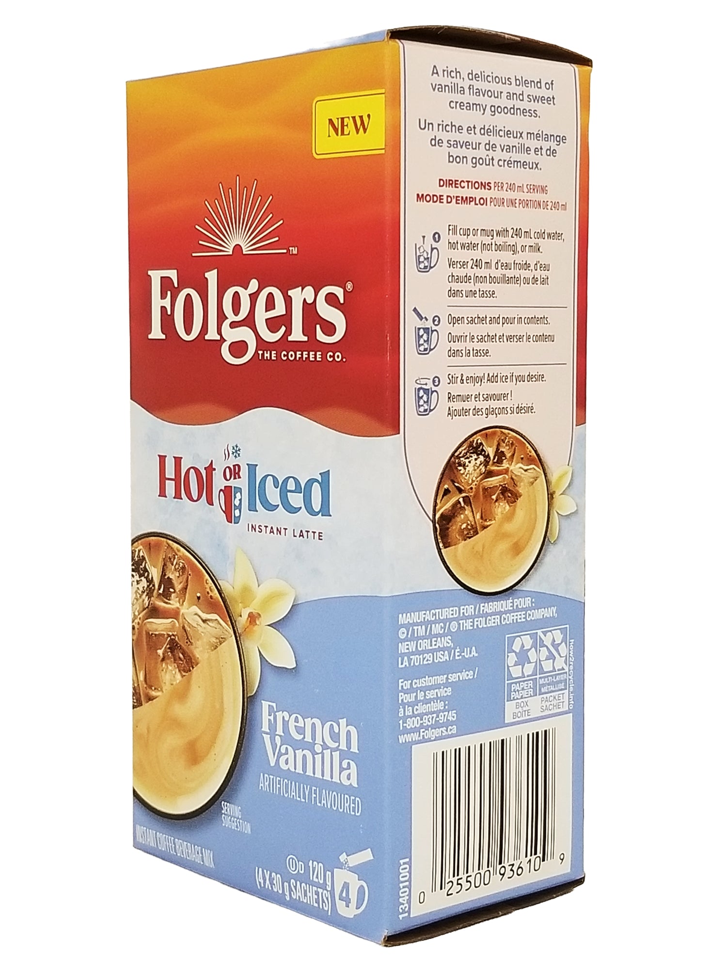 Box of Folgers French Vanilla instant latte on a white background