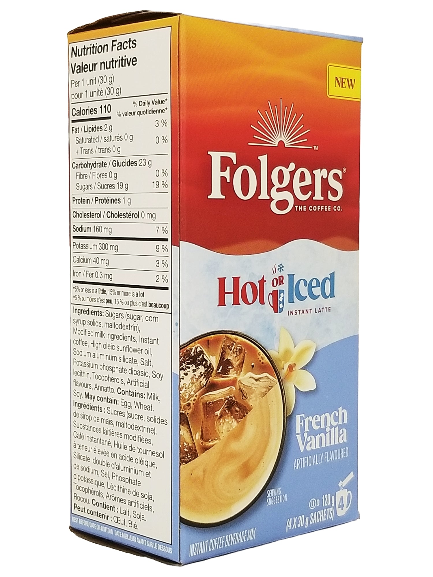 Box of Folgers French Vanilla instant coffee with a vanilla flavor illustration on a white background