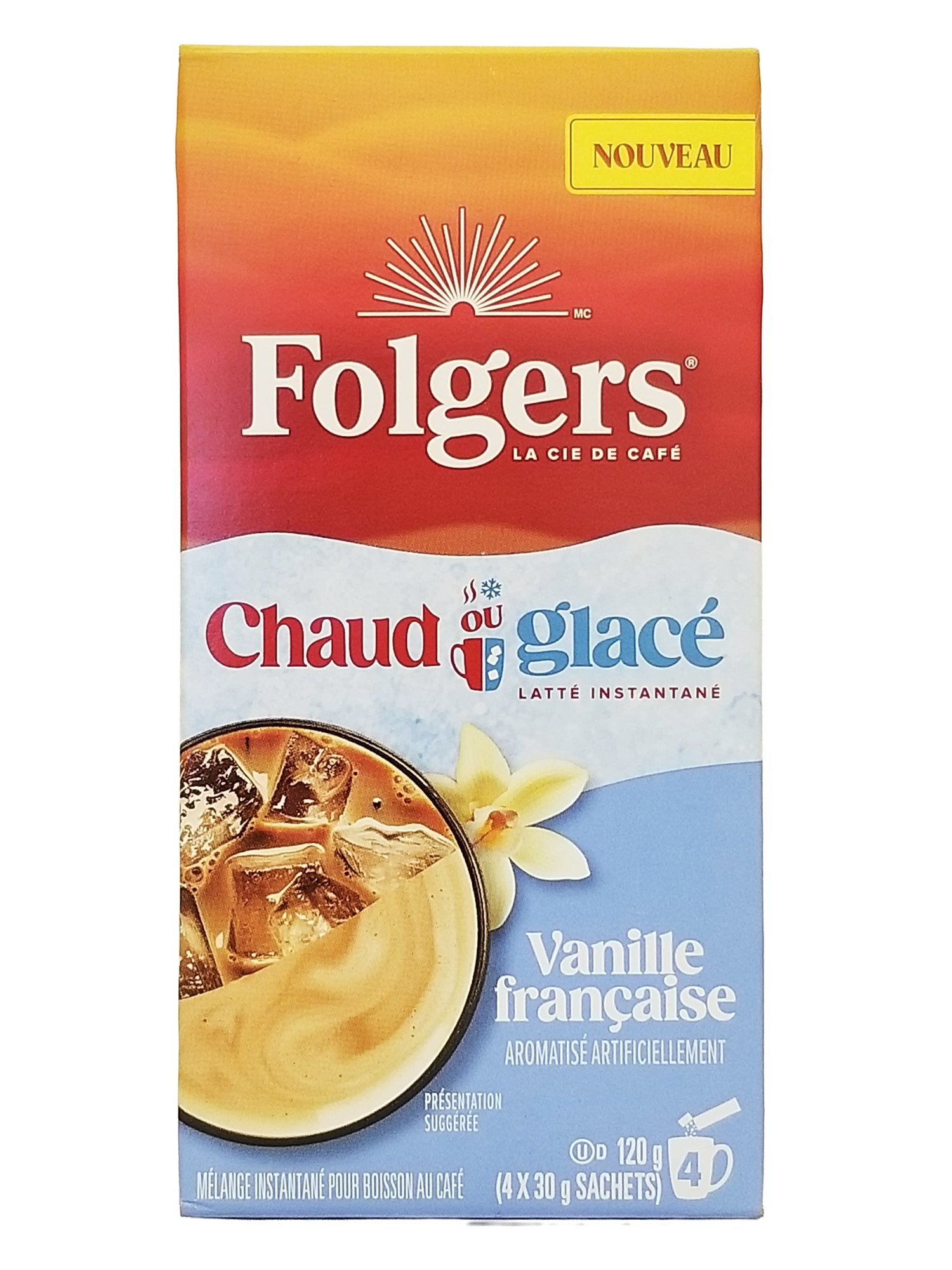 Folgers Chaud ou Glacee coffee package with vanilla flavor on a white background