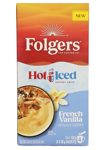 Folgers Hot Or Cold Instant Latte, French Vanilla Flavored, 4 Packets, 120g packaging on a white background