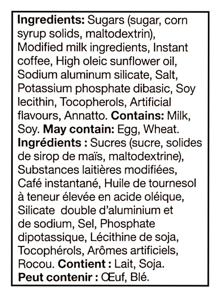 List of ingredients for Folgers Hot Or Cold Instant Latte, French Vanilla Flavored, 4 Packets, 120g with allergen warnings on a black background