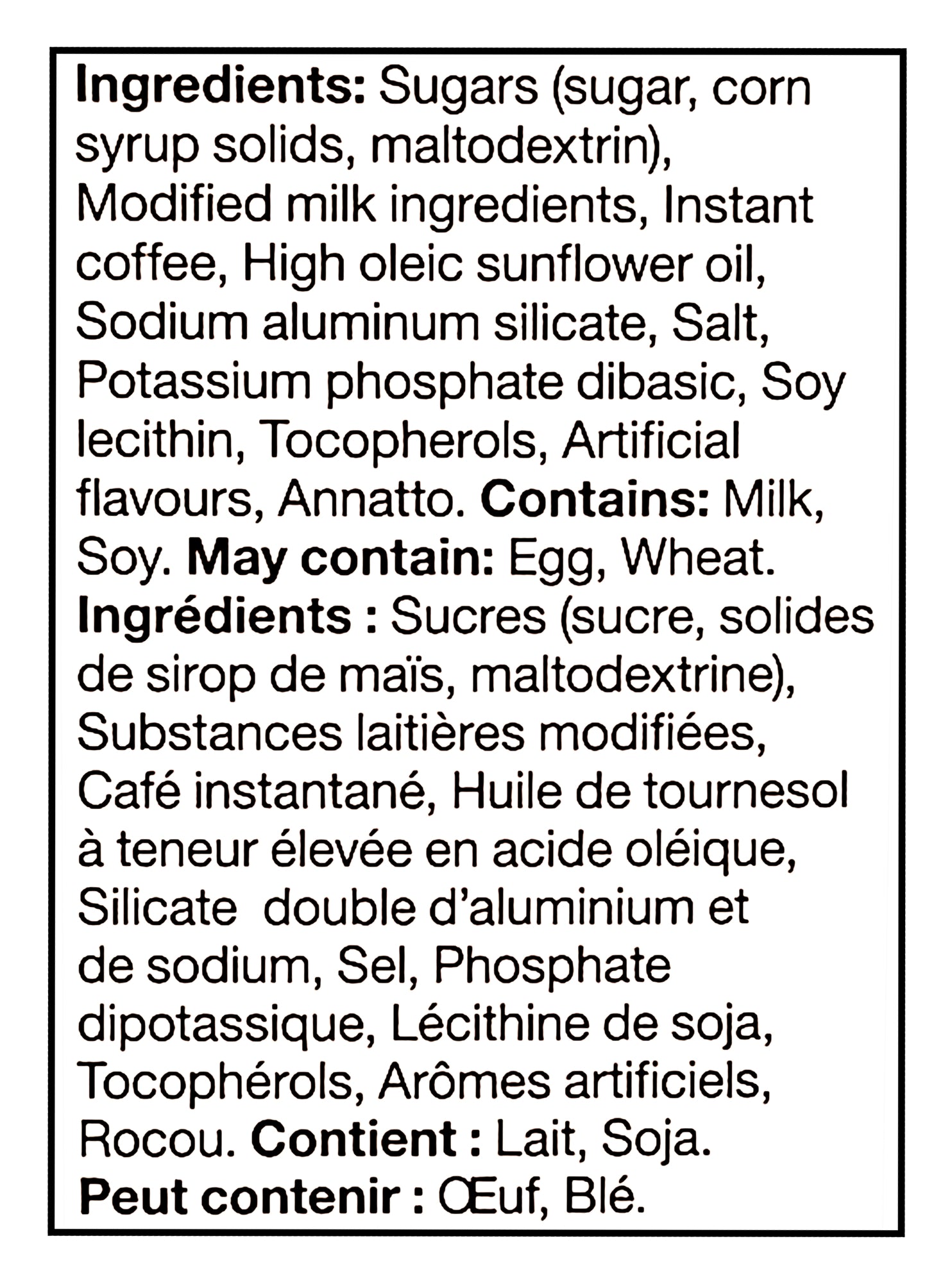 List of ingredients label for Folgers Hot Or Cold Instant Latte, French Vanilla Flavored, 4 Packets, 120g with black text on a white background.