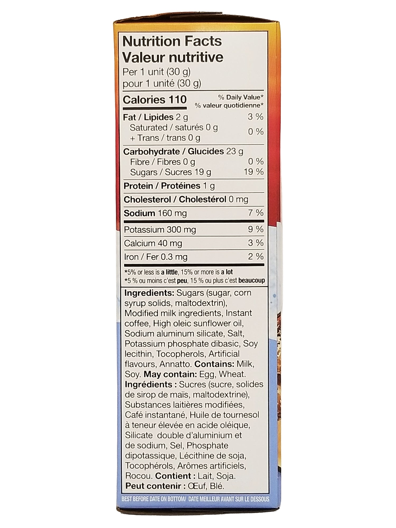 Nutrition facts label for Folgers Hot Or Cold Instant Latte, French Vanilla Flavored, 4 Packets, 120g packaging with white background