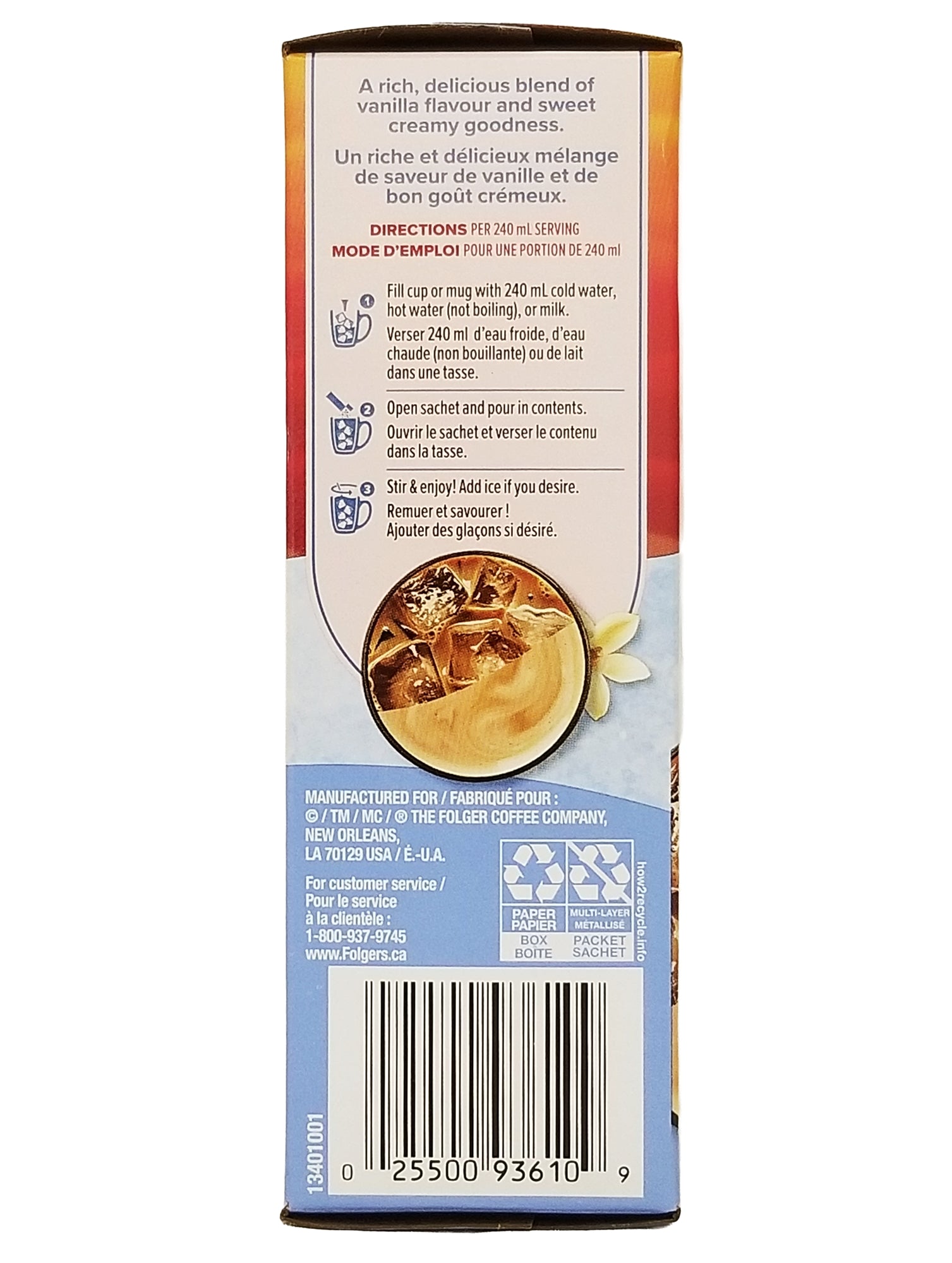 Back of a Folgers Hot Or Cold Instant Latte, French Vanilla Flavored, 4 Packets, 120g packaging with text and a barcode on a white background