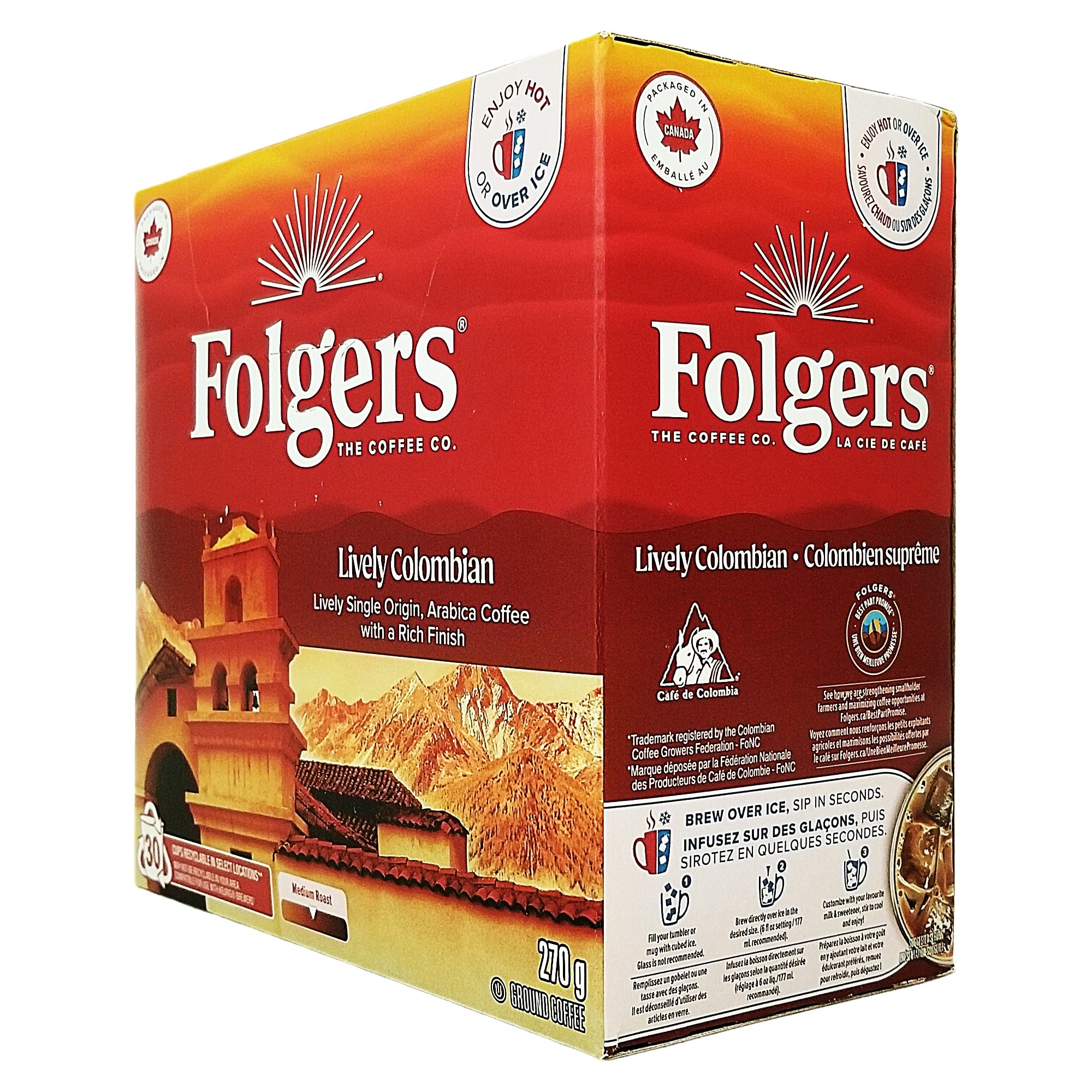 Angled Folgers Lively Colombian box showing the front and brew-over-ice instructions.