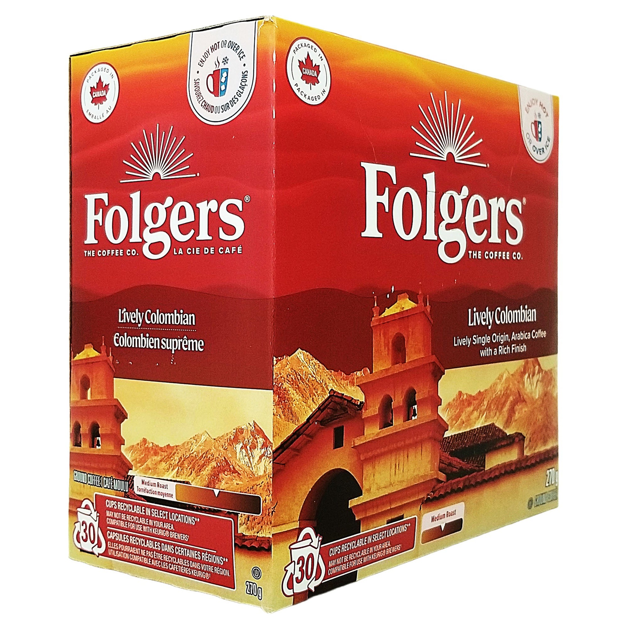 Angled Folgers Lively Colombian box showing the English front and bilingual side panel.